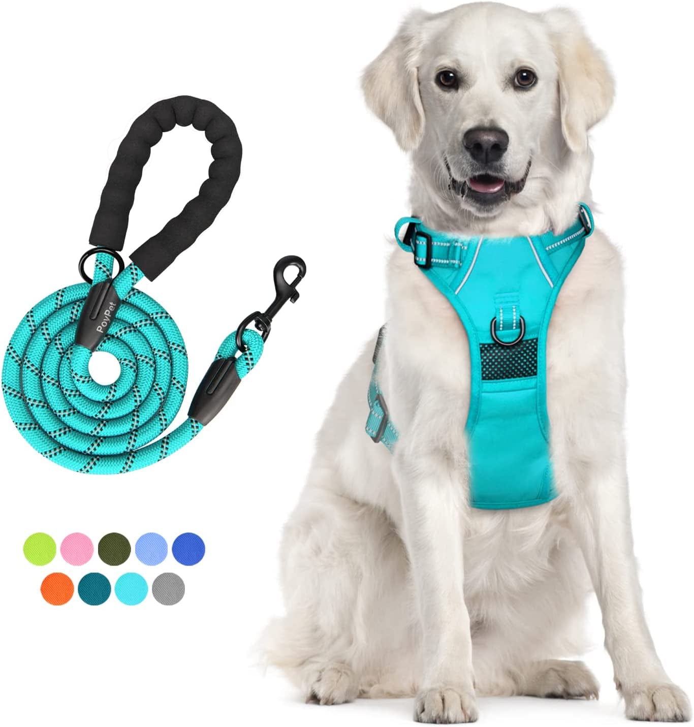 Poypet Dog Harness and Leash Combo, Escape Proof No Pull Vest Harness, with 5 Feet Leash, Reflective Adjustable Soft Padded Pet Harness with Handle for Small to Large Dogs(Pink,M) Animals & Pet Supplies > Pet Supplies > Dog Supplies > Dog Apparel PoyPet Mint Blue L 