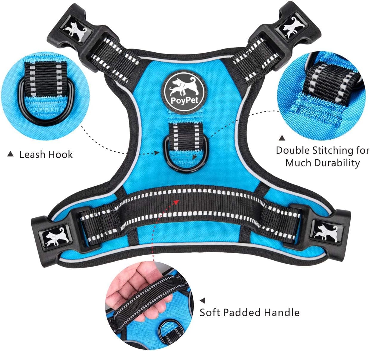 Poypet Dog Harness No Pull, Reflective with Front & Back 2 Leash Hooks and an Easy Control Handle Pet Harness for Puppy Small Dog, Adjustable Soft Padded Vest Harness(Blue,S) Animals & Pet Supplies > Pet Supplies > Dog Supplies > Dog Apparel PoyPet   