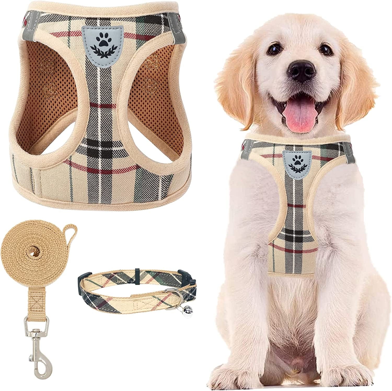 PUPTECK Adjustable Pet Harness Collar and Leash Set Step in for Small Dogs Puppy and Cats Outdoor Training and Running, Soft Mesh Padded Reflective Vest Harness Animals & Pet Supplies > Pet Supplies > Dog Supplies > Dog Apparel PUPTECK Beige L: Chest girth: 18-20in Collar: 13.8-19.7in 