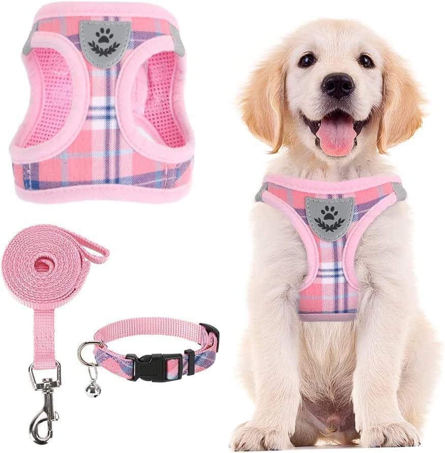 PUPTECK Adjustable Pet Harness Collar and Leash Set Step in for Small Dogs Puppy and Cats Outdoor Training and Running, Soft Mesh Padded Reflective Vest Harness Animals & Pet Supplies > Pet Supplies > Dog Supplies > Dog Apparel PUPTECK Pink L: Chest girth: 18-20in Collar: 13.8-19.7in 
