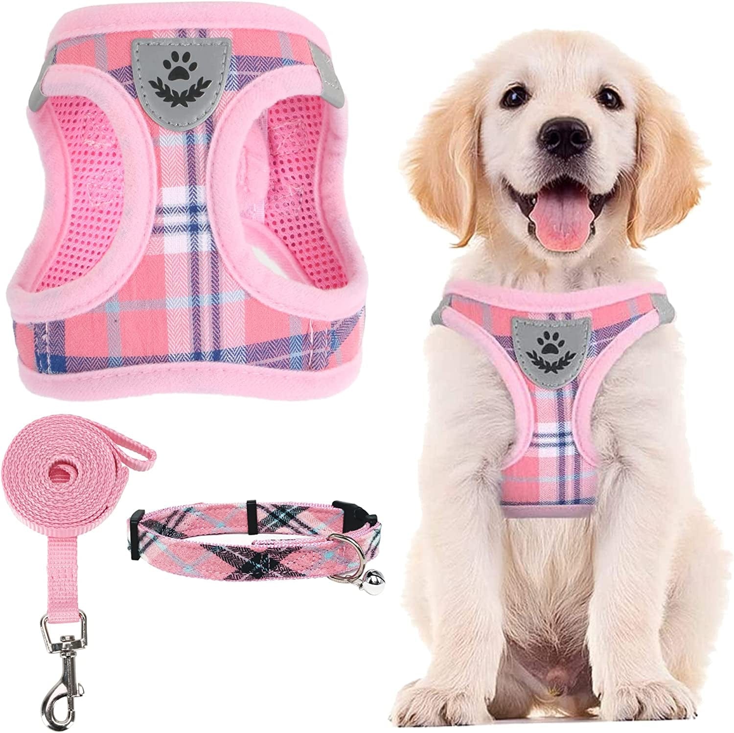 PUPTECK Adjustable Pet Harness Collar and Leash Set Step in for Small Dogs Puppy and Cats Outdoor Training and Running, Soft Mesh Padded Reflective Vest Harness Animals & Pet Supplies > Pet Supplies > Dog Supplies > Dog Apparel PUPTECK Pink XS: Chest girth: 13-14.5in Collar: 7.9-11.8in 