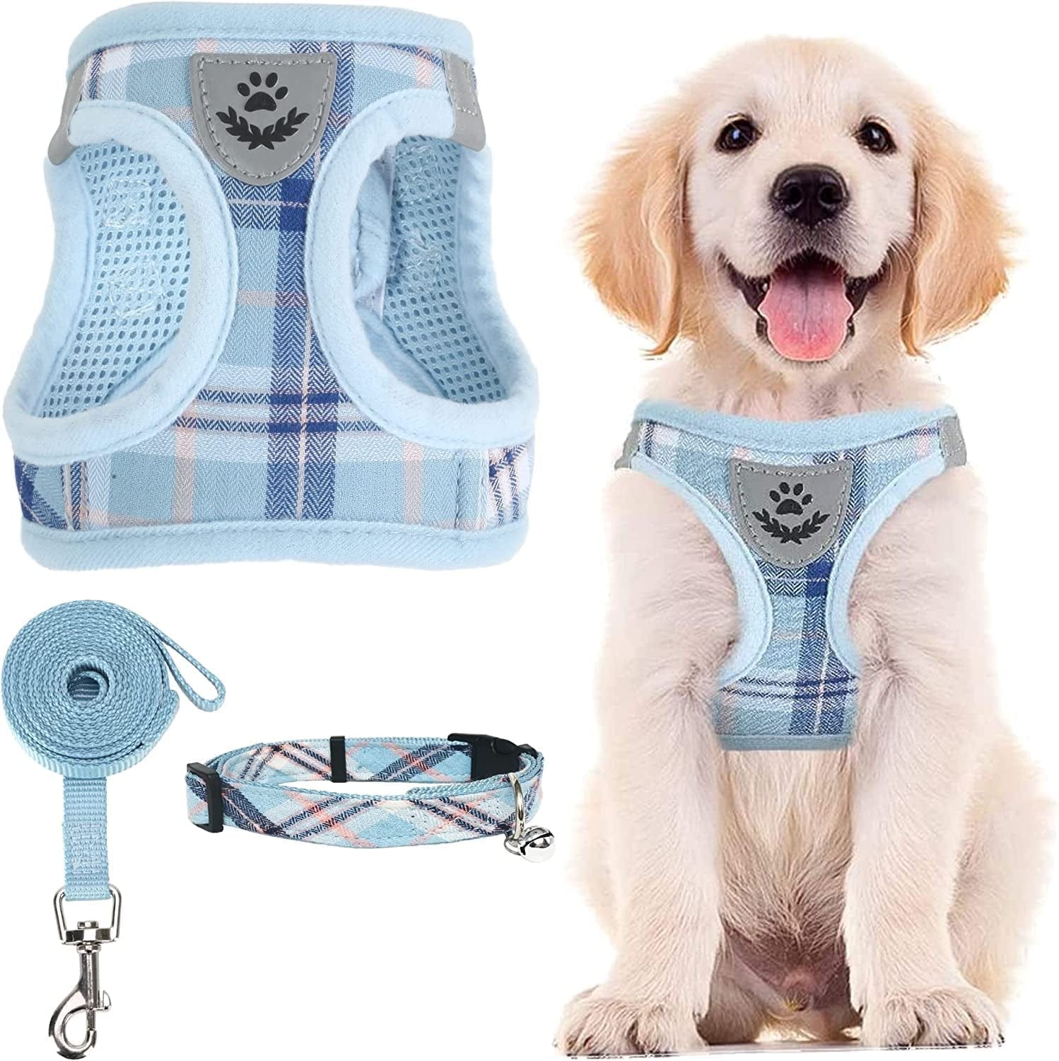 PUPTECK Adjustable Pet Harness Collar and Leash Set Step in for Small Dogs Puppy and Cats Outdoor Training and Running, Soft Mesh Padded Reflective Vest Harness Animals & Pet Supplies > Pet Supplies > Dog Supplies > Dog Apparel PUPTECK Blue M: Chest girth: 16-18in Collar: 11.8-15.7in 