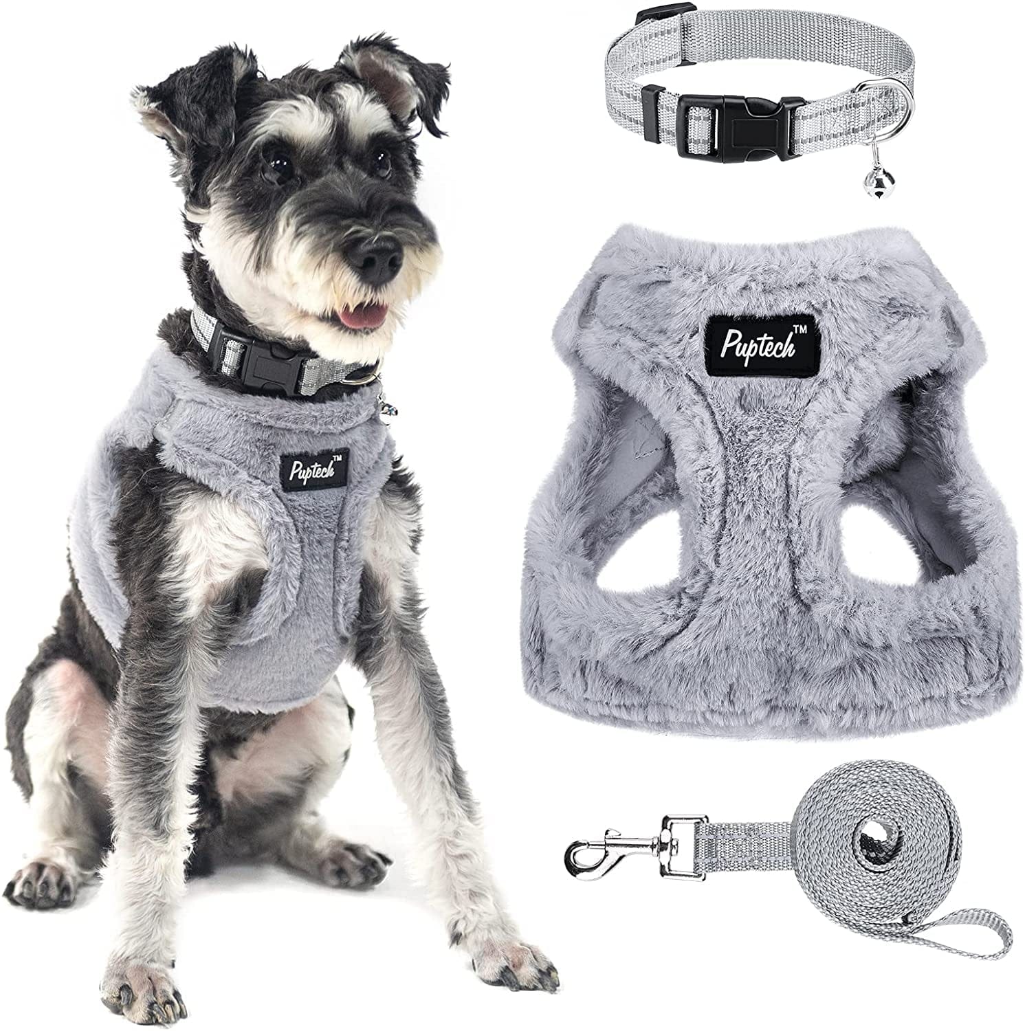 PUPTECK Adjustable Pet Harness Collar and Leash Set Step in for Small Dogs Puppy and Cats Outdoor Training and Running, Soft Mesh Padded Reflective Vest Harness Animals & Pet Supplies > Pet Supplies > Dog Supplies > Dog Apparel PUPTECK Grey Plush XS: Chest girth: 13-14.5in Collar: 7.9-11.8in 
