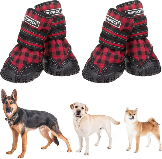 PUPTECK Dog Boots for Winter, Waterproof 2 Pairs Anti-Slip Paw Protector - Doggy Shoes with Reflective Straps for Medium Large Doggies Outdoor Hiking Walking Running Animals & Pet Supplies > Pet Supplies > Dog Supplies > Dog Apparel PUPTECK Plaid Red #9 - 3.15"x2.56" (L*W) for 52-70 lbs 