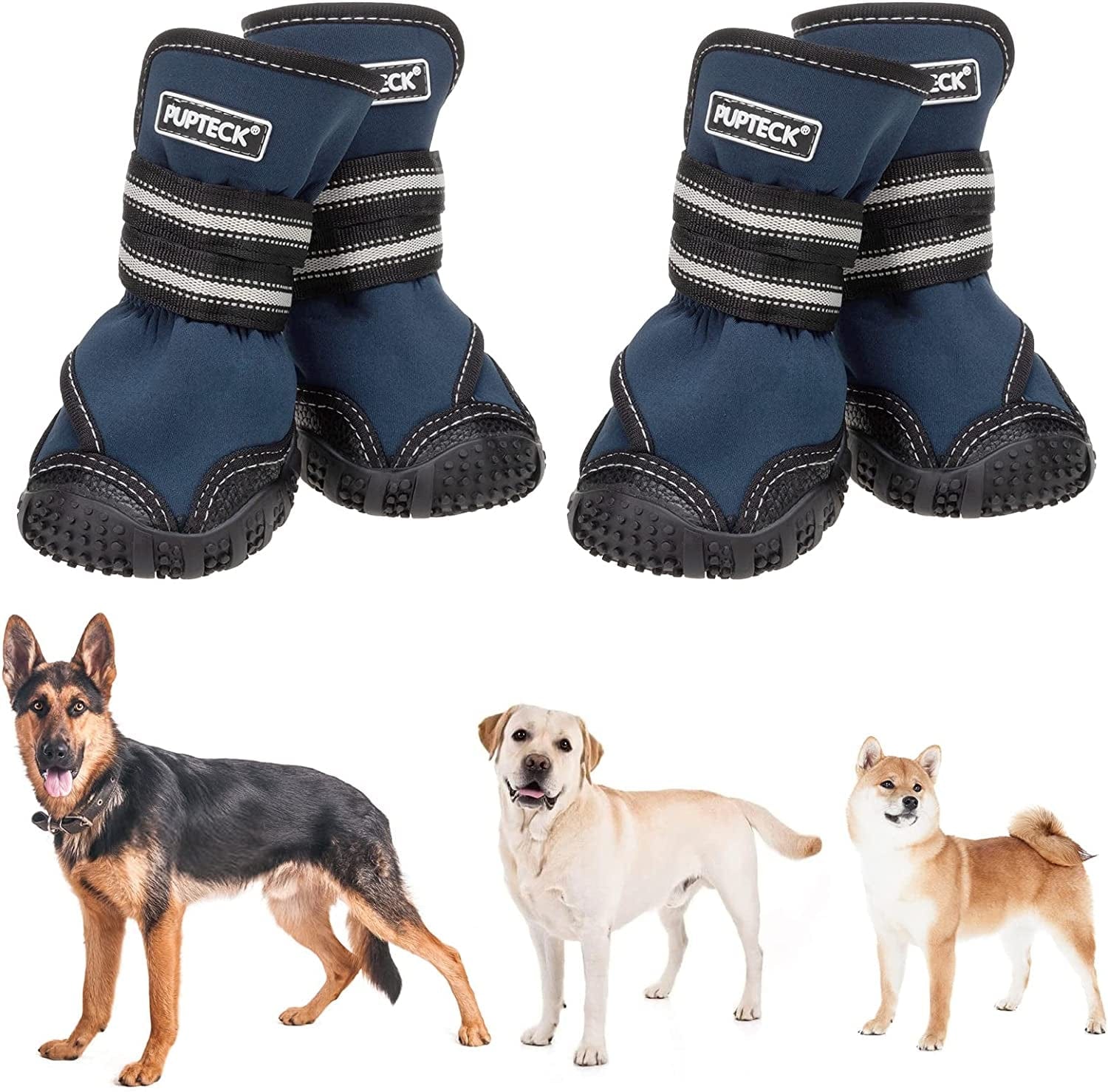 PUPTECK Dog Boots for Winter, Waterproof 2 Pairs Anti-Slip Paw Protector - Doggy Shoes with Reflective Straps for Medium Large Doggies Outdoor Hiking Walking Running Animals & Pet Supplies > Pet Supplies > Dog Supplies > Dog Apparel PUPTECK Navy #10 - 3.35"x2.76" (L*W) for 66-90 lbs 