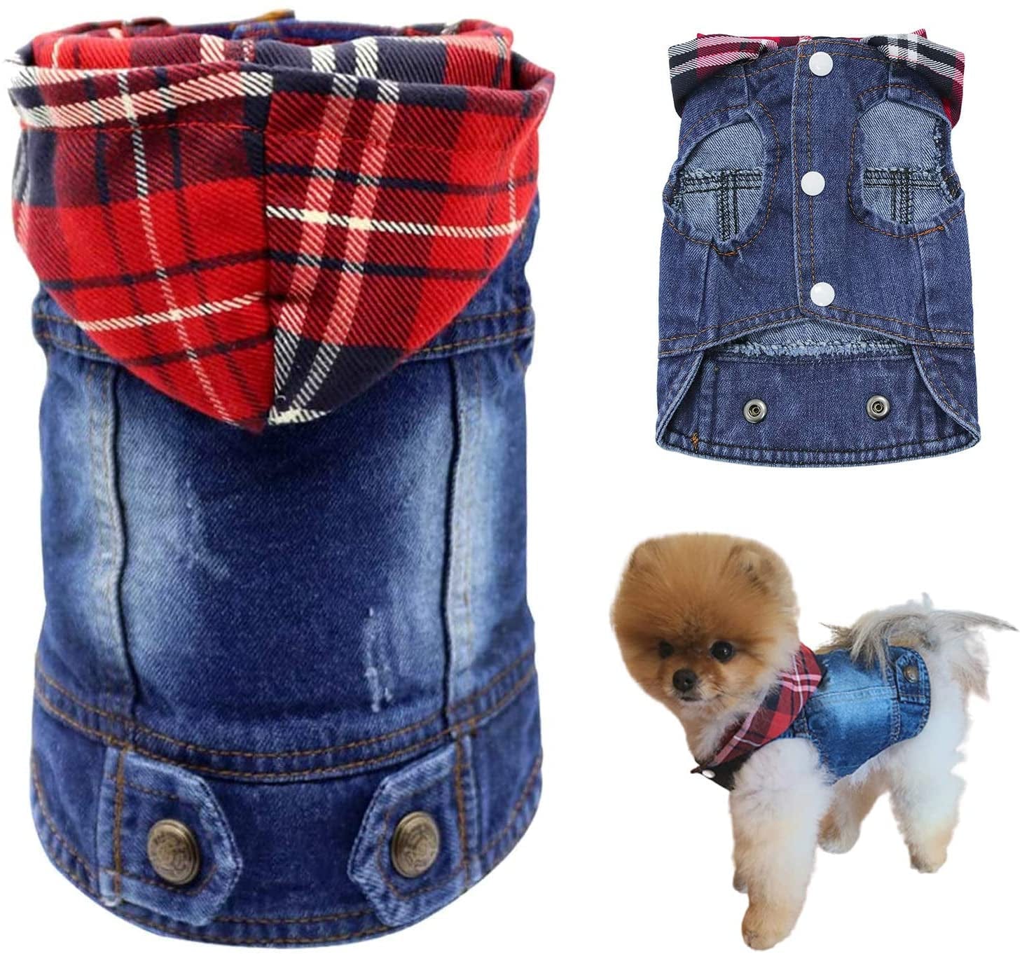 QEQRUG Dog Hoodie Denim Jeans Jacket Coat for Small Medium Dogs Vest Vintage Washed Clothes,Red Plaid Hat,Xs Animals & Pet Supplies > Pet Supplies > Dog Supplies > Dog Apparel QEQRUG Red Plaid X-Small 
