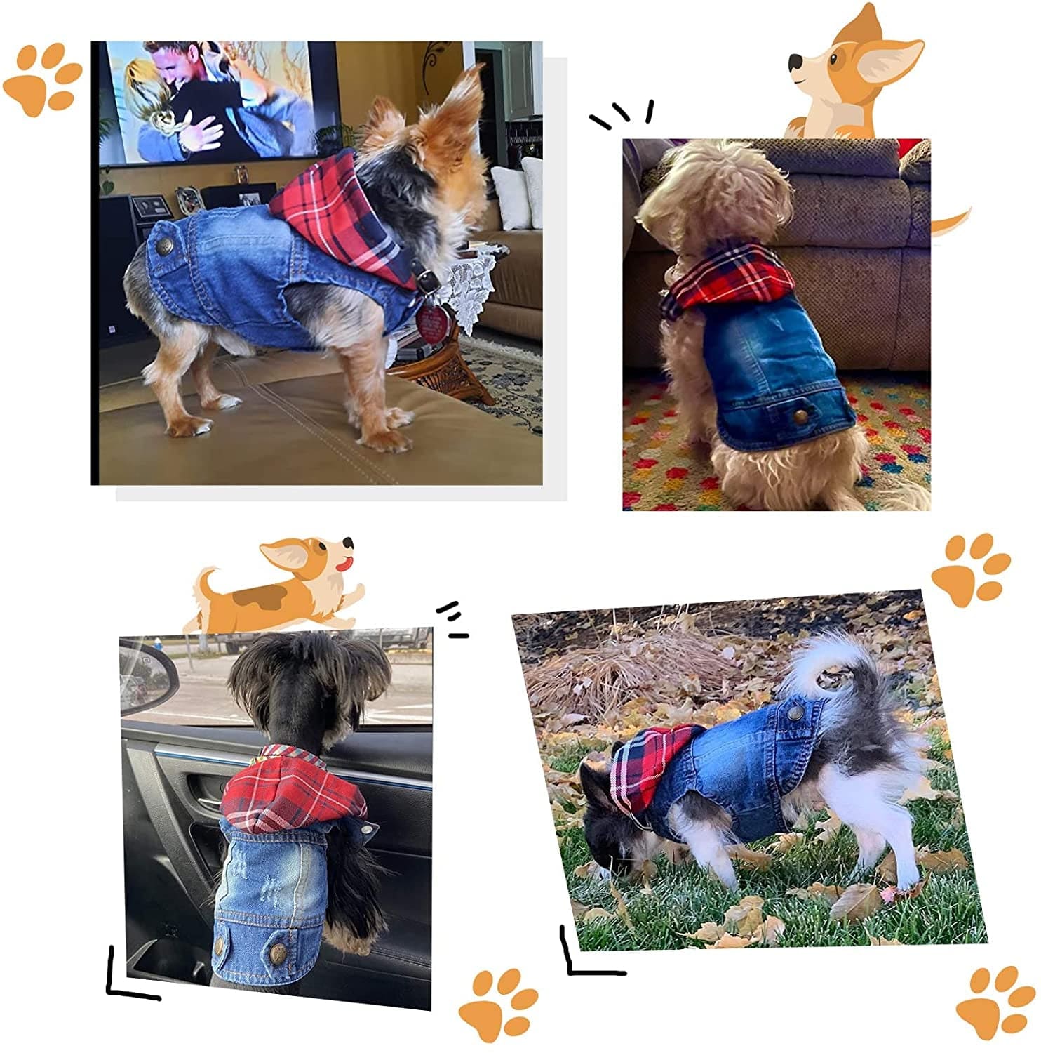 QEQRUG Dog Hoodie Denim Jeans Jacket Coat for Small Medium Dogs Vest Vintage Washed Clothes,Red Plaid Hat,Xs Animals & Pet Supplies > Pet Supplies > Dog Supplies > Dog Apparel QEQRUG   