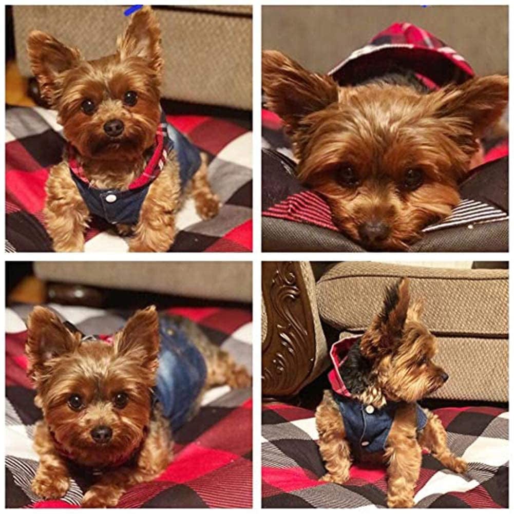 QEQRUG Dog Hoodie Denim Jeans Jacket Coat for Small Medium Dogs Vest Vintage Washed Clothes,Red Plaid Hat,Xs Animals & Pet Supplies > Pet Supplies > Dog Supplies > Dog Apparel QEQRUG   