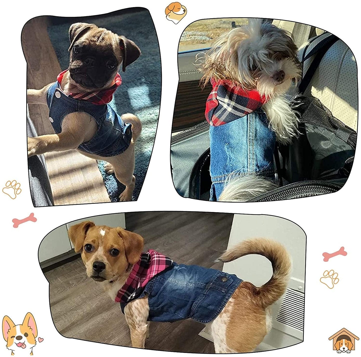 QEQRUG Dog Hoodie Denim Jeans Jacket Coat for Small Medium Dogs Vest Vintage Washed Clothes,Red Plaid Hat,Xs Animals & Pet Supplies > Pet Supplies > Dog Supplies > Dog Apparel QEQRUG   