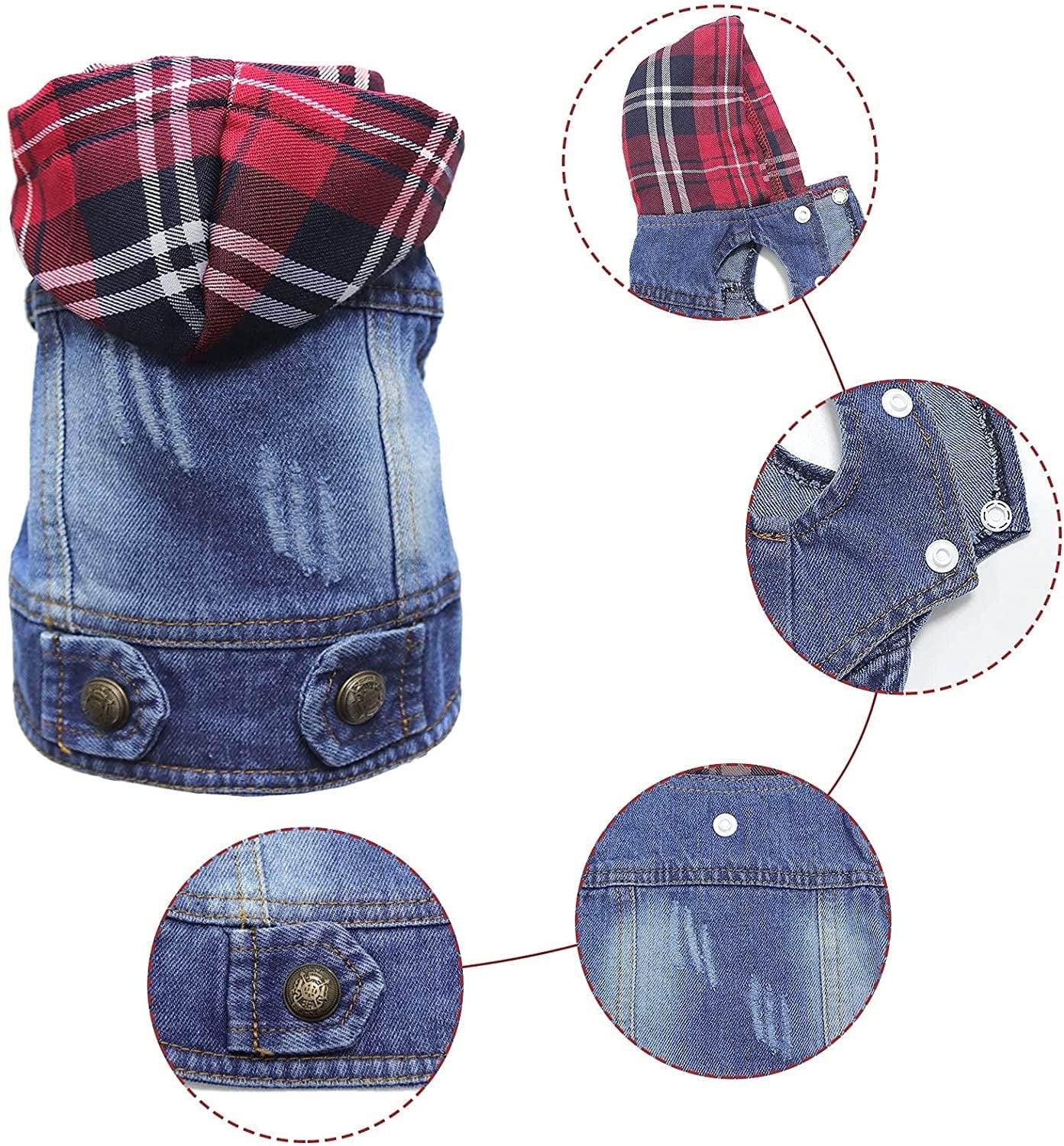 QEQRUG Dog Hoodie Denim Jeans Jacket Coat for Small Medium Dogs Vest Vintage Washed Clothes,Red Plaid Hat,Xs Animals & Pet Supplies > Pet Supplies > Dog Supplies > Dog Apparel QEQRUG   