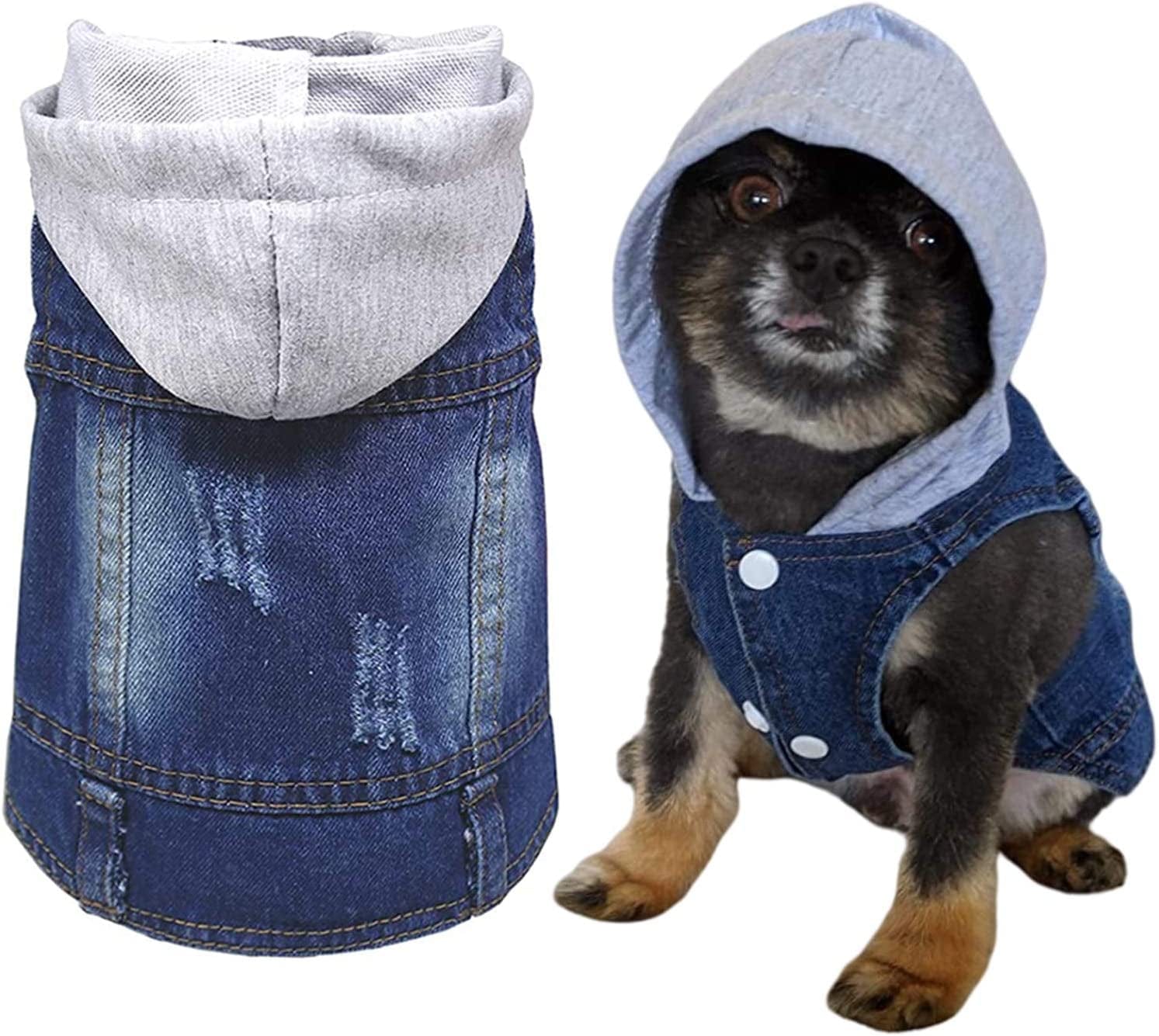 QEQRUG Dog Hoodie Denim Jeans Jacket Coat for Small Medium Dogs Vest Vintage Washed Clothes,Red Plaid Hat,Xs Animals & Pet Supplies > Pet Supplies > Dog Supplies > Dog Apparel QEQRUG Grey X-Small 