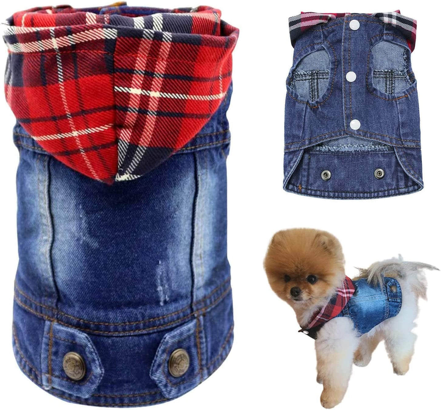 QEQRUG Dog Hoodie Denim Jeans Jacket Coat for Small Medium Dogs Vest Vintage Washed Clothes,Red Plaid Hat,Xs Animals & Pet Supplies > Pet Supplies > Dog Supplies > Dog Apparel QEQRUG Red Plaid X-Large 