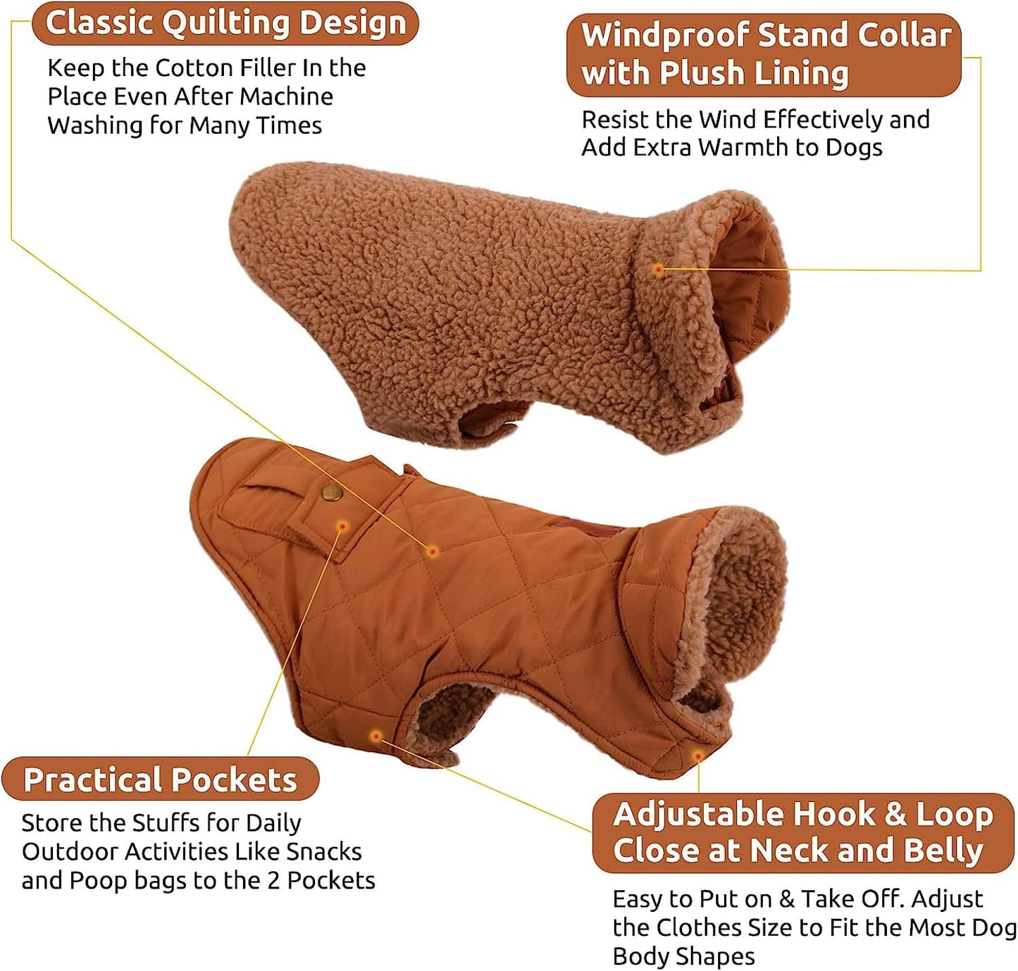 Queenmore Cold Weather Dog Coat, Winter Quilting Dog Jacket Ultra Warm Thick Plush Lining with Storage Pockets (Brown, Medium) Animals & Pet Supplies > Pet Supplies > Dog Supplies > Dog Apparel Queenmore   