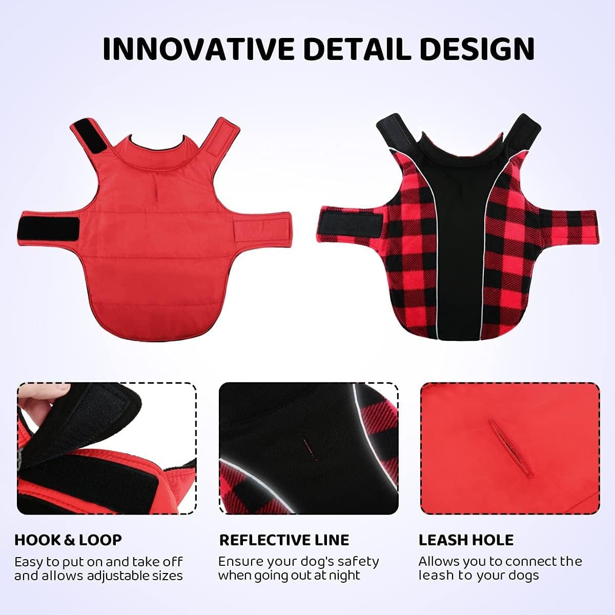 Queenmore Warm Dog Jacket, Reversible Dog Winter Coat, Reflective Windproof Waterproof Dog Clothes for Winter, Plaid Dog Coats for Small Medium Large Dogs Boy Girl Dogs, Red, M Animals & Pet Supplies > Pet Supplies > Dog Supplies > Dog Apparel Queenmore   