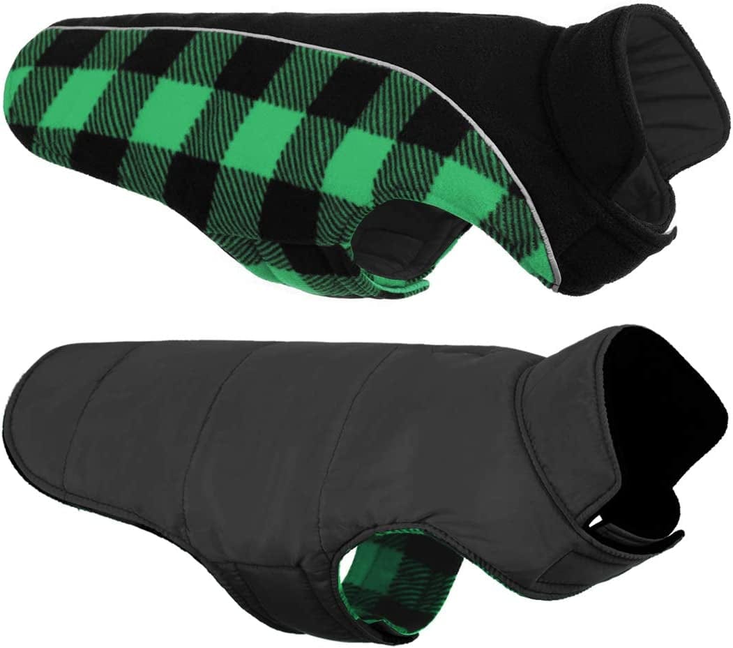 Queenmore Warm Dog Jacket, Reversible Dog Winter Coat, Reflective Windproof Waterproof Dog Clothes for Winter, Plaid Dog Coats for Small Medium Large Dogs Boy Girl Dogs, Red, M Animals & Pet Supplies > Pet Supplies > Dog Supplies > Dog Apparel Queenmore Green Medium 