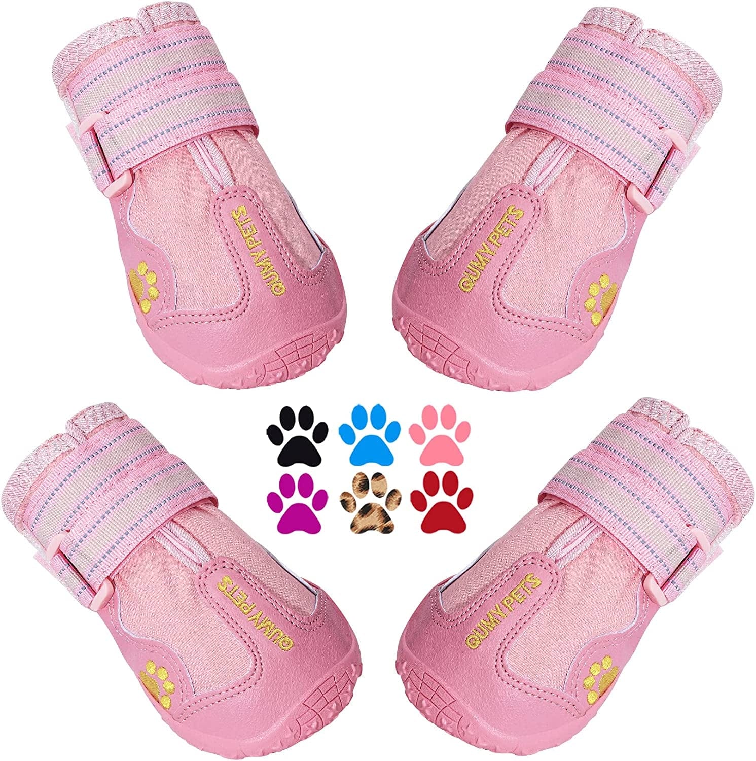 QUMY Dog Boots Waterproof Shoes for Dogs with Reflective Strips Rugged Anti-Slip Sole Black 4PCS (Size 6: 2.6''X3.0''(W*L) for 52-65 Lbs, Pink) Animals & Pet Supplies > Pet Supplies > Dog Supplies > Dog Apparel QUMY Pink Size 6: 2.6''x3.0''(W*L) (Pack of 4) 