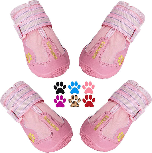 QUMY Dog Boots Waterproof Shoes for Dogs with Reflective Strips Rugged Anti-Slip Sole Black 4PCS (Size 6: 2.6''X3.0''(W*L) for 52-65 Lbs, Pink) Animals & Pet Supplies > Pet Supplies > Dog Supplies > Dog Apparel QUMY Pink Size 6: 2.6''x3.0''(W*L) (Pack of 4) 