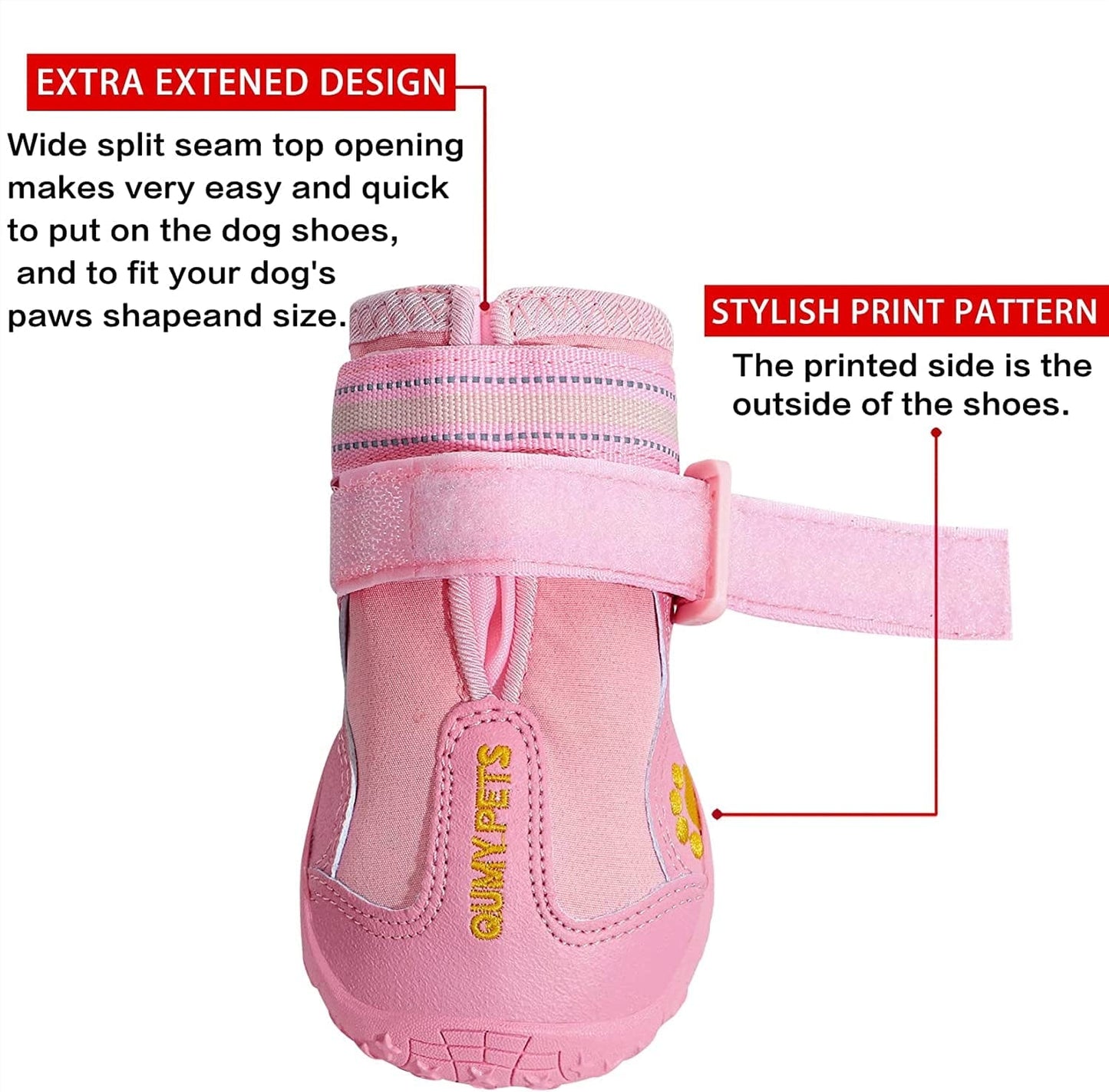 QUMY Dog Boots Waterproof Shoes for Dogs with Reflective Strips Rugged Anti-Slip Sole Black 4PCS (Size 6: 2.6''X3.0''(W*L) for 52-65 Lbs, Pink) Animals & Pet Supplies > Pet Supplies > Dog Supplies > Dog Apparel QUMY   