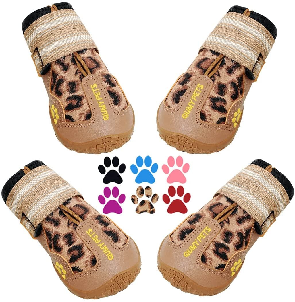QUMY Dog Boots Waterproof Shoes for Dogs with Reflective Strips Rugged Anti-Slip Sole Black 4PCS (Size 6: 2.6''X3.0''(W*L) for 52-65 Lbs, Pink) Animals & Pet Supplies > Pet Supplies > Dog Supplies > Dog Apparel QUMY Leopard Size 4: 2.2''x2.6''(W*L) (Pack of 4) 