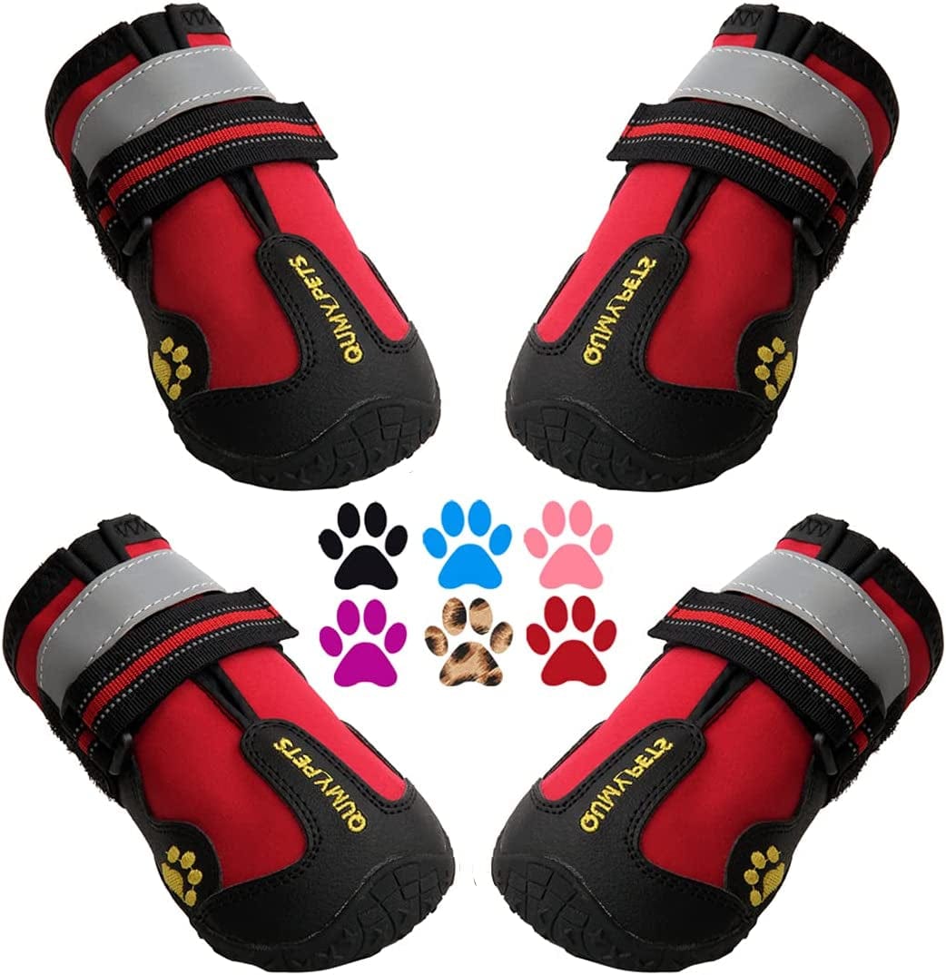 QUMY Dog Boots Waterproof Shoes for Dogs with Reflective Strips Rugged Anti-Slip Sole Black 4PCS (Size 6: 2.6''X3.0''(W*L) for 52-65 Lbs, Pink) Animals & Pet Supplies > Pet Supplies > Dog Supplies > Dog Apparel QUMY Red Size 6: 2.6''x3.0''(W*L) (Pack of 4) 