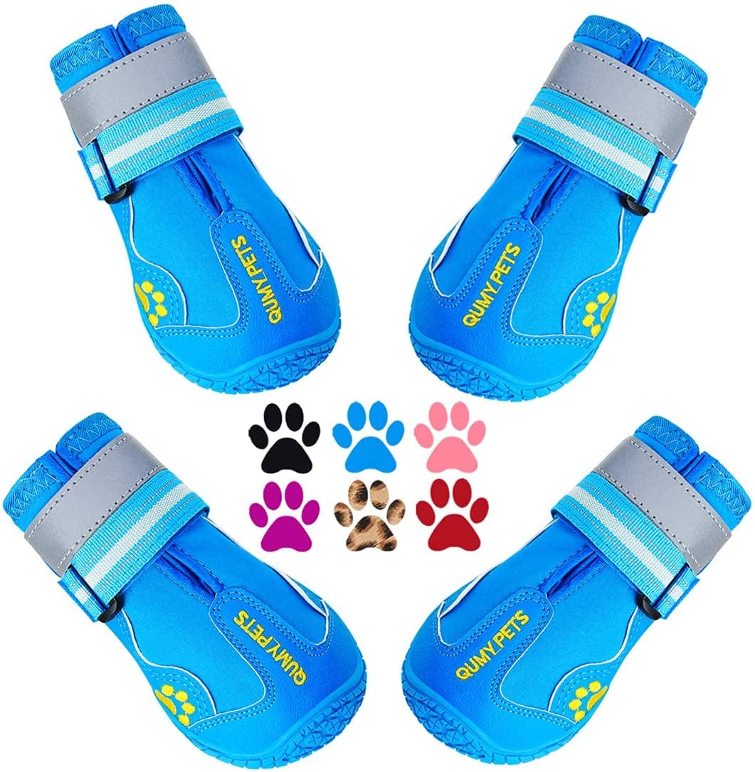 QUMY Dog Boots Waterproof Shoes for Dogs with Reflective Strips Rugged Anti-Slip Sole Black 4PCS (Size 6: 2.6''X3.0''(W*L) for 52-65 Lbs, Pink) Animals & Pet Supplies > Pet Supplies > Dog Supplies > Dog Apparel QUMY Blue Size 2: 1.8''x2.4''(W*L) (Pack of 4) 