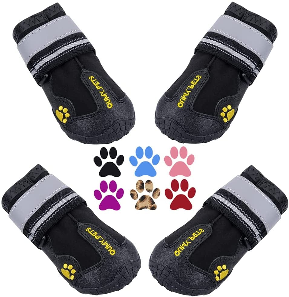 QUMY Dog Boots Waterproof Shoes for Dogs with Reflective Strips Rugged Anti-Slip Sole Black 4PCS (Size 6: 2.6''X3.0''(W*L) for 52-65 Lbs, Pink) Animals & Pet Supplies > Pet Supplies > Dog Supplies > Dog Apparel QUMY Black Size 6: 2.6''x3.0''(W*L) (Pack of 4) 