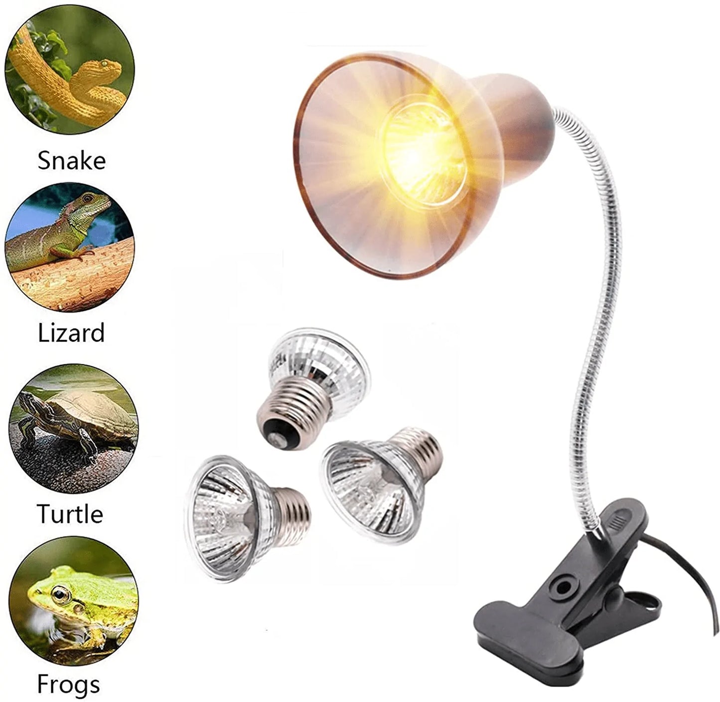 Reptile Heat Lamp, Pet Habitat Heat Lamp, Reptile Basking Lamp, UVA UVB Basking Spot Heat Lamp with 360° Rotatable Clip and 3 Bulbs(1 Pcs 25W+ 2 Pcs 50W) (Reptile Heat Lamp) Animals & Pet Supplies > Pet Supplies > Reptile & Amphibian Supplies > Reptile & Amphibian Habitat Heating & Lighting ipetee   