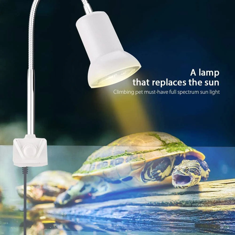 Reptile Heat Lamp Sun Lamp with Adjustable Holder Clamp Lamp with Switch Turtle Basking Spot Light with 360°Rotatable Arm Power Adapter for Lizard Turtle Snake Amphibian