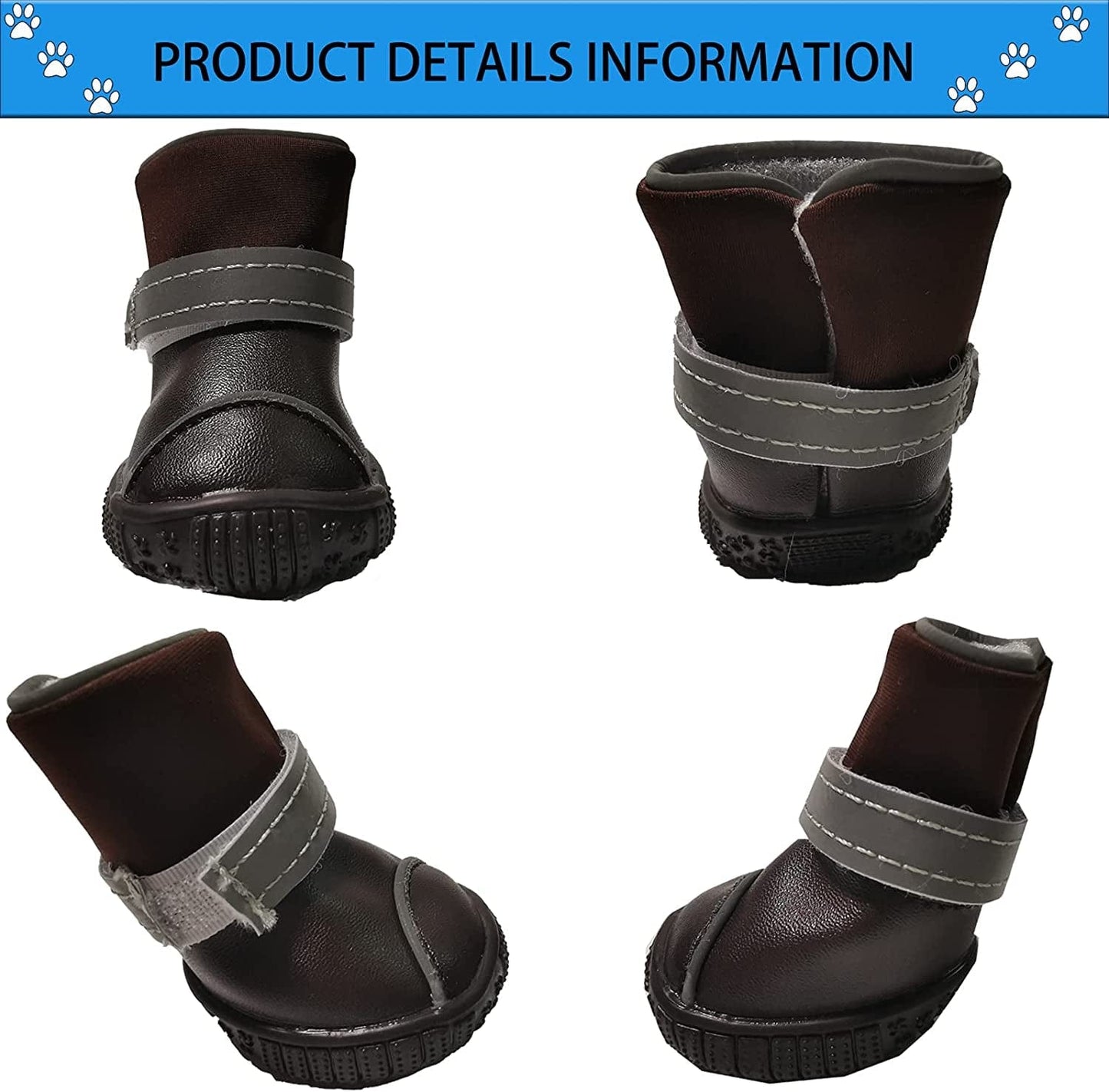 RMAMSCOV Pet Dog Shoes, 4Pcs Dog Boots Waterproof Skidproof PU Leather Winter Snow Warm Protective Boots with Adjustable Strips Soft Comfortable Paw Protector for Small Medium Pet Dogs (#4, Brown) Animals & Pet Supplies > Pet Supplies > Dog Supplies > Dog Apparel RMAMSCOV   