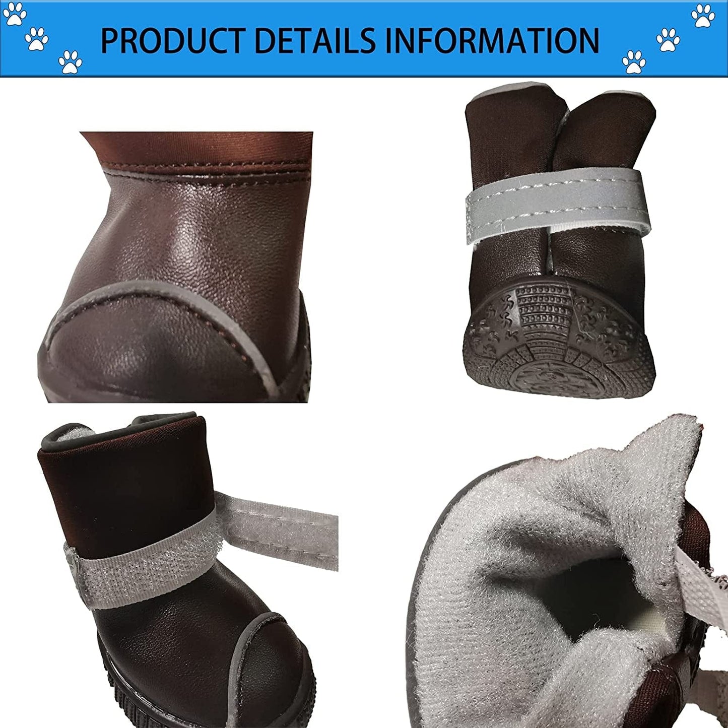 RMAMSCOV Pet Dog Shoes, 4Pcs Dog Boots Waterproof Skidproof PU Leather Winter Snow Warm Protective Boots with Adjustable Strips Soft Comfortable Paw Protector for Small Medium Pet Dogs (#4, Brown) Animals & Pet Supplies > Pet Supplies > Dog Supplies > Dog Apparel RMAMSCOV   