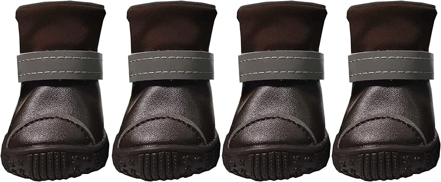 RMAMSCOV Pet Dog Shoes, 4Pcs Dog Boots Waterproof Skidproof PU Leather Winter Snow Warm Protective Boots with Adjustable Strips Soft Comfortable Paw Protector for Small Medium Pet Dogs (#4, Brown) Animals & Pet Supplies > Pet Supplies > Dog Supplies > Dog Apparel RMAMSCOV   
