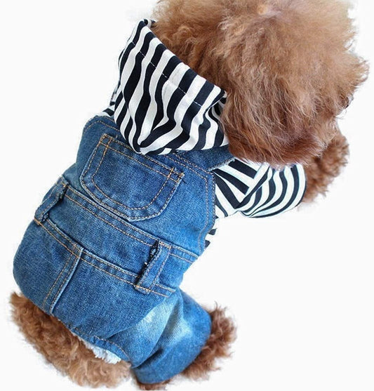 Rooroopet Pet Denim Dog Jeans Jumpsuit Overall Strip Hoodie Coat Classic Jacket Puppy Blue Vintage Washed for Small Medium Dogs and Cats Animals & Pet Supplies > Pet Supplies > Dog Supplies > Dog Apparel rooroopet Blue X-Large 