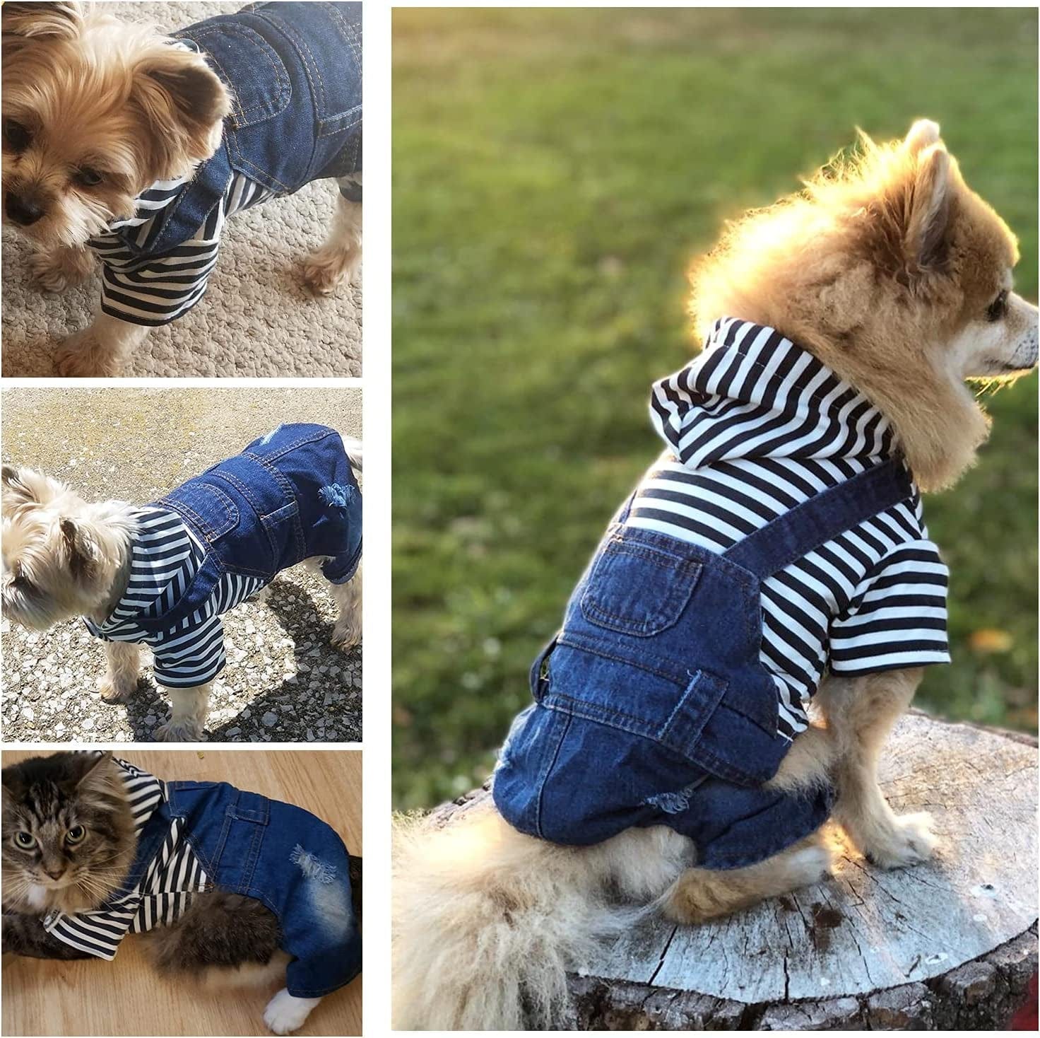 Rooroopet Pet Denim Dog Jeans Jumpsuit Overall Strip Hoodie Coat Classic Jacket Puppy Blue Vintage Washed for Small Medium Dogs and Cats Animals & Pet Supplies > Pet Supplies > Dog Supplies > Dog Apparel rooroopet   