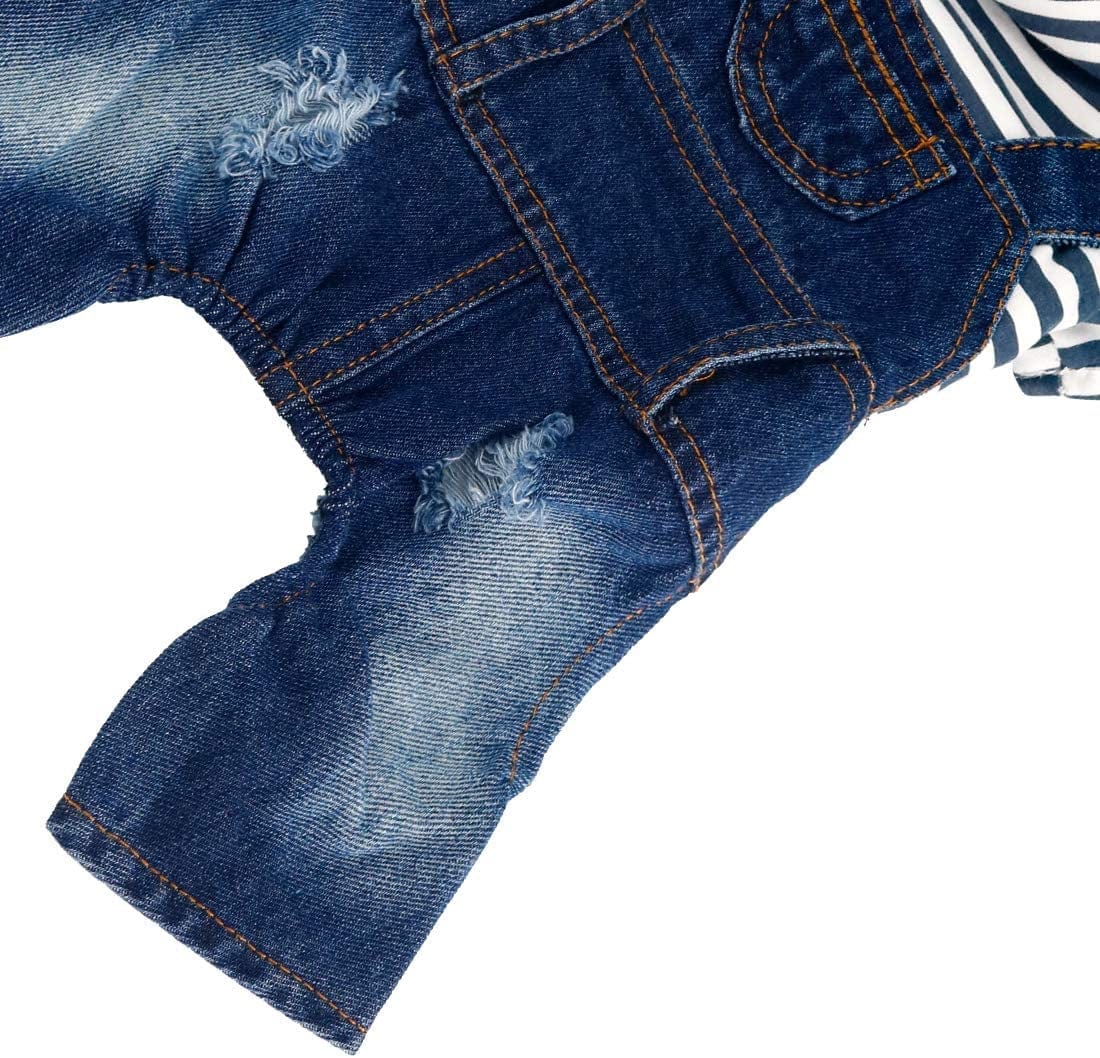 Rooroopet Pet Denim Dog Jeans Jumpsuit Overall Strip Hoodie Coat Classic Jacket Puppy Blue Vintage Washed for Small Medium Dogs and Cats Animals & Pet Supplies > Pet Supplies > Dog Supplies > Dog Apparel rooroopet   