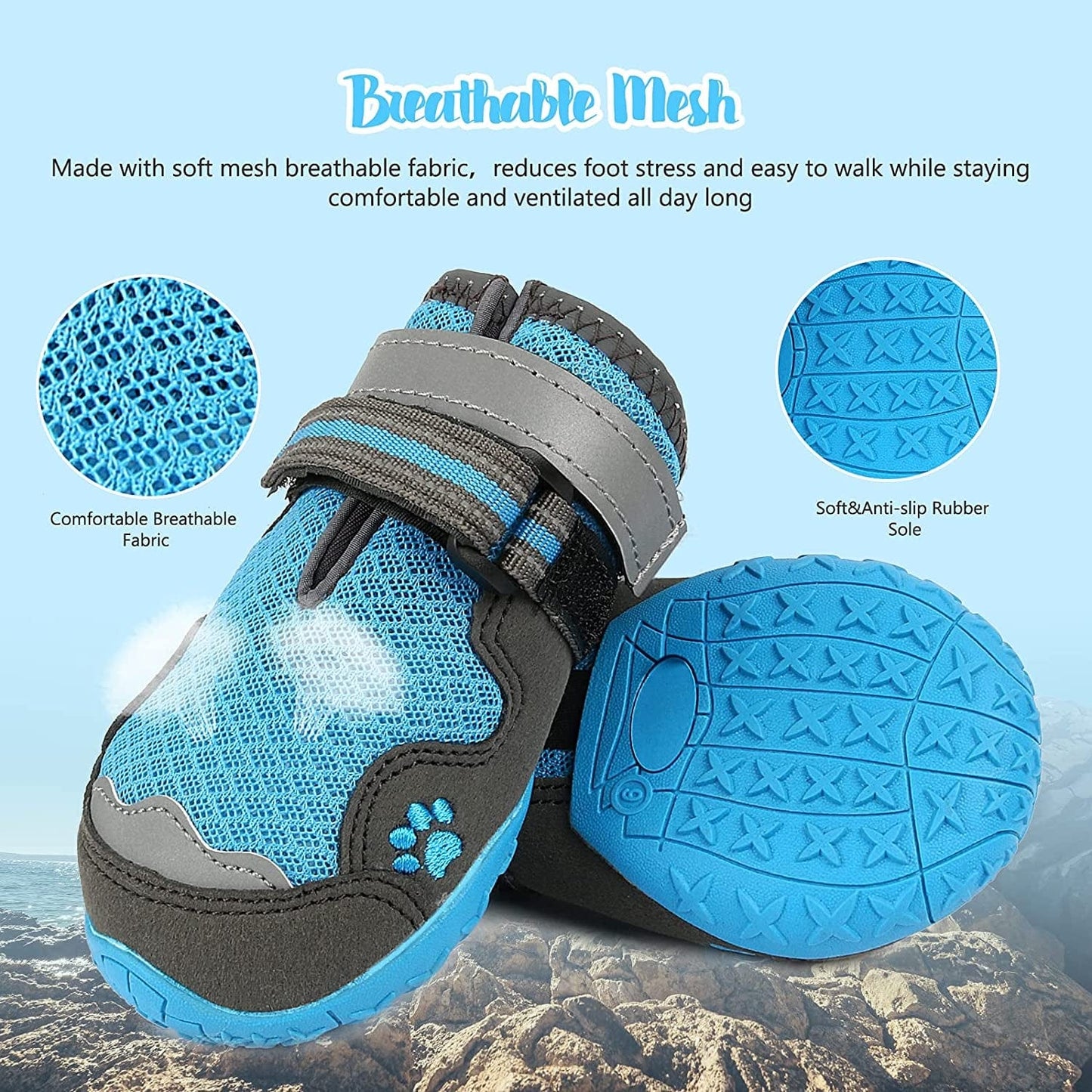 Rypet Dog Boots for Hot Pavement Shoes for Medium Large Dogs Breathable Mesh Dog Summer Shoes with Reflective Strips Rugged Anti-Slip Sole Blue 4PCS Animals & Pet Supplies > Pet Supplies > Dog Supplies > Dog Apparel RYPET   