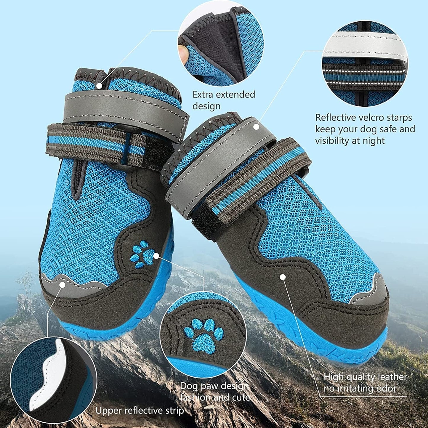 Rypet Dog Boots for Hot Pavement Shoes for Medium Large Dogs Breathable Mesh Dog Summer Shoes with Reflective Strips Rugged Anti-Slip Sole Blue 4PCS Animals & Pet Supplies > Pet Supplies > Dog Supplies > Dog Apparel RYPET   
