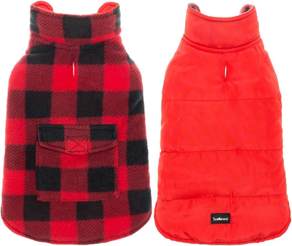 SCENEREAL Dog Winter Clothes Reversible Jacket Warm Coat Windproof Waterproof Plaid Vest Christmas Suit for Small Medium Large Dogs Pets Cold Weather Wearing Animals & Pet Supplies > Pet Supplies > Dog Supplies > Dog Apparel SAILE Red-Black Small (Pack of 1) 