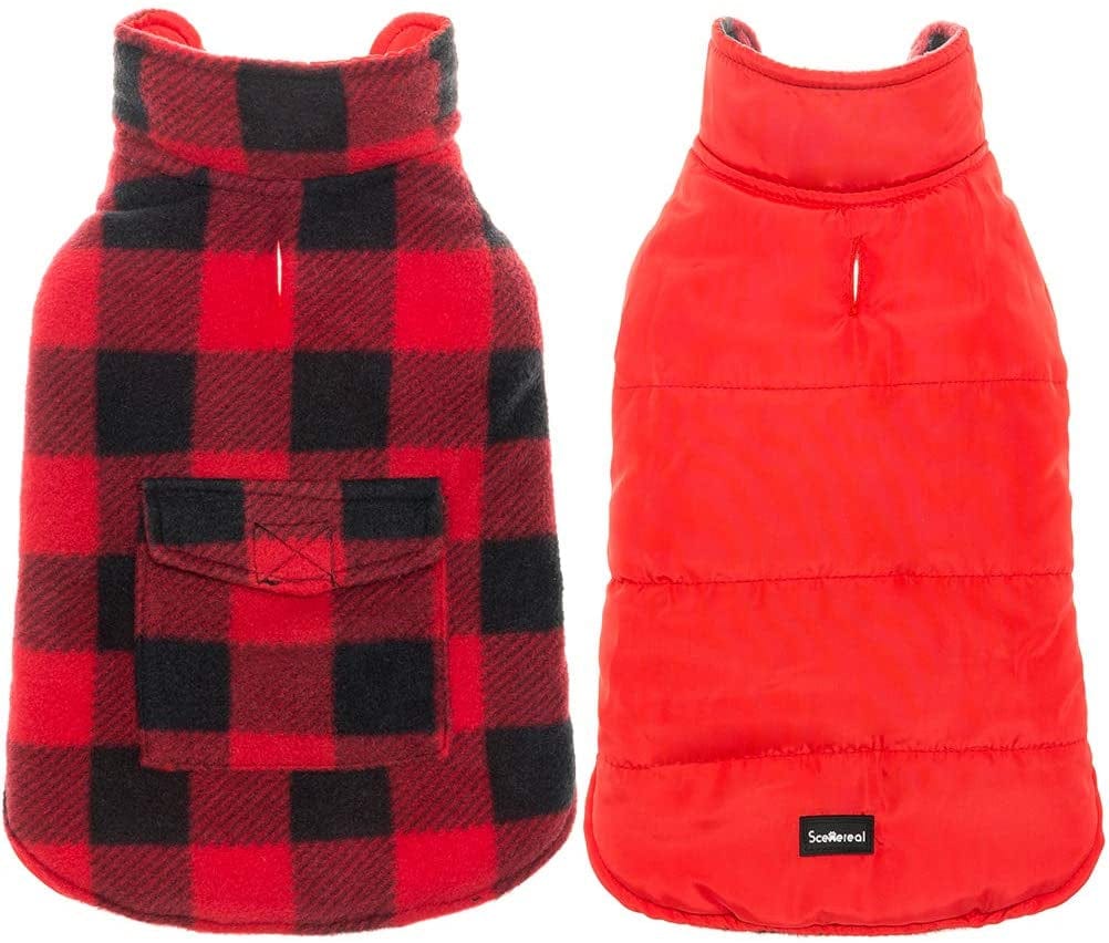 SCENEREAL Dog Winter Clothes Reversible Jacket Warm Coat Windproof Waterproof Plaid Vest Christmas Suit for Small Medium Large Dogs Pets Cold Weather Wearing Animals & Pet Supplies > Pet Supplies > Dog Supplies > Dog Apparel SAILE Red-Black Small (Pack of 1) 