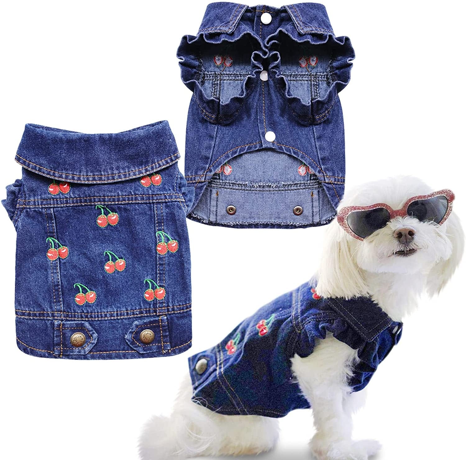 SILD Pet Clothes Dog Jeans Jacket Cool Blue Denim Coat Small Medium Dogs Lapel Vests Classic Puppy Hoodies (XS, Cherry) Animals & Pet Supplies > Pet Supplies > Dog Supplies > Dog Apparel SILD Blue L 