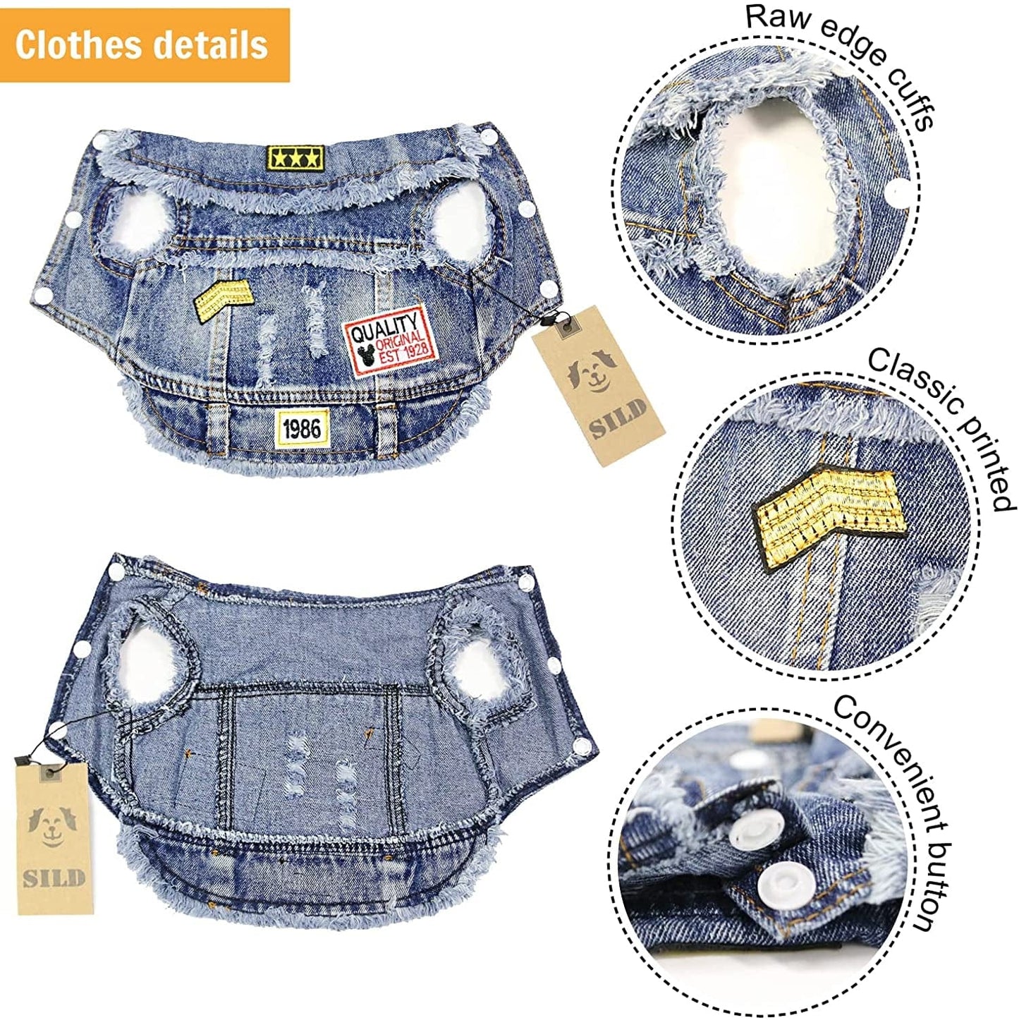SILD Pet Clothes Dog Jeans Jacket Cool Blue Denim Coat Small Medium Puppy Blue Vintage Washed Clothes Dogs Lapel Vests Classic Hoodies Animals & Pet Supplies > Pet Supplies > Dog Supplies > Dog Apparel SILD   