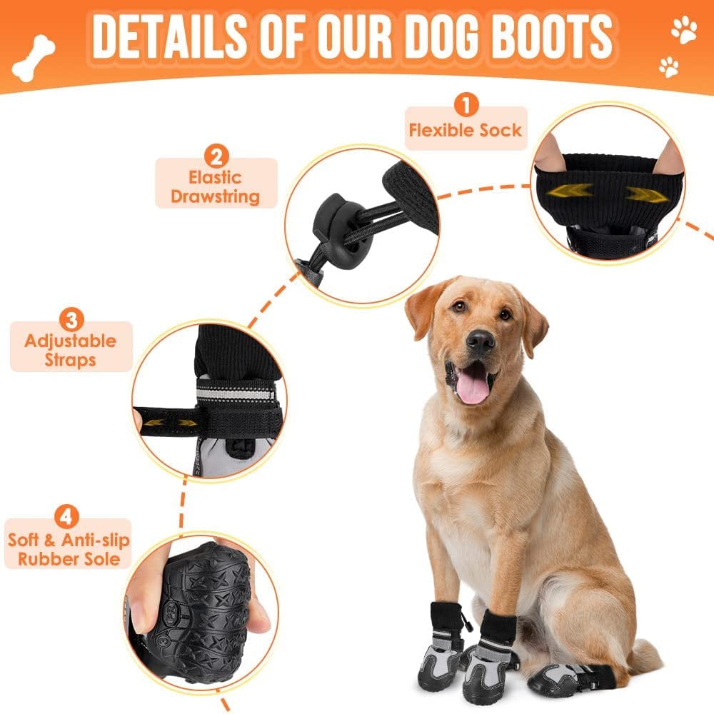 Slowton Dog Booties, Waterproof Fleece Lined Winter Dog Shoes for Medium Large Size Dogs, Paw Protector Anti-Slip Rubber Boots for Walking Running Rain Snow Cold Weather (Grey, Size 6) Animals & Pet Supplies > Pet Supplies > Dog Supplies > Dog Apparel SlowTon   
