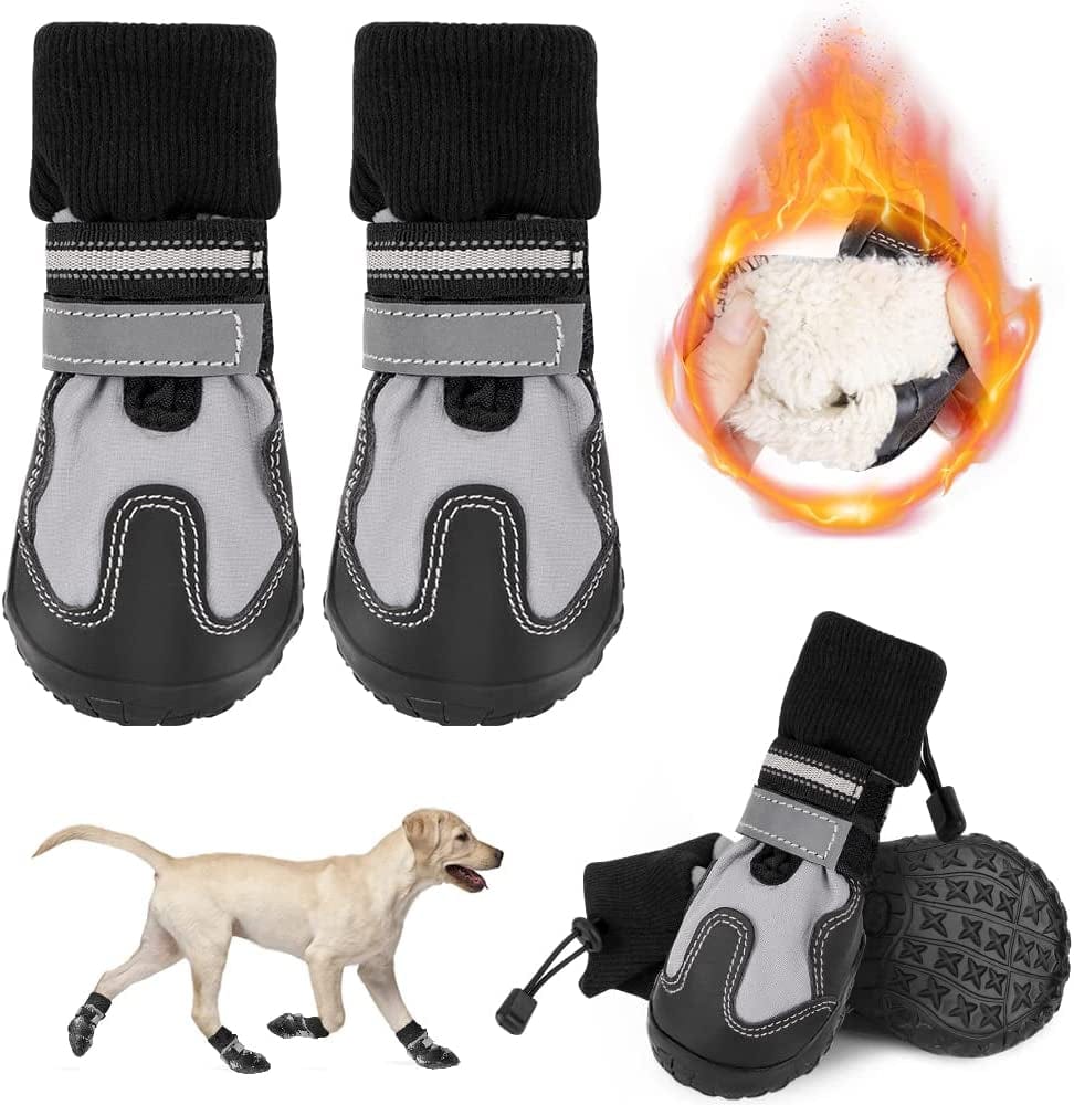 Slowton Dog Booties, Waterproof Fleece Lined Winter Dog Shoes for Medium Large Size Dogs, Paw Protector Anti-Slip Rubber Boots for Walking Running Rain Snow Cold Weather (Grey, Size 6) Animals & Pet Supplies > Pet Supplies > Dog Supplies > Dog Apparel SlowTon Fur Inside-4 Pack Size7: Width 2.36"-2.52" 
