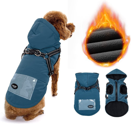 Slowton Dog Jacket with Harness Built In, Waterproof Fleece Winter Warm Dog Coats for Small Medium Dogs, Reflective Adjustable Furry Puppy Vest Clothes for Outdoor Walking (Blue S) Animals & Pet Supplies > Pet Supplies > Dog Supplies > Dog Apparel SlowTon Blue XX-Large (Chest 16.9"-18.5") 