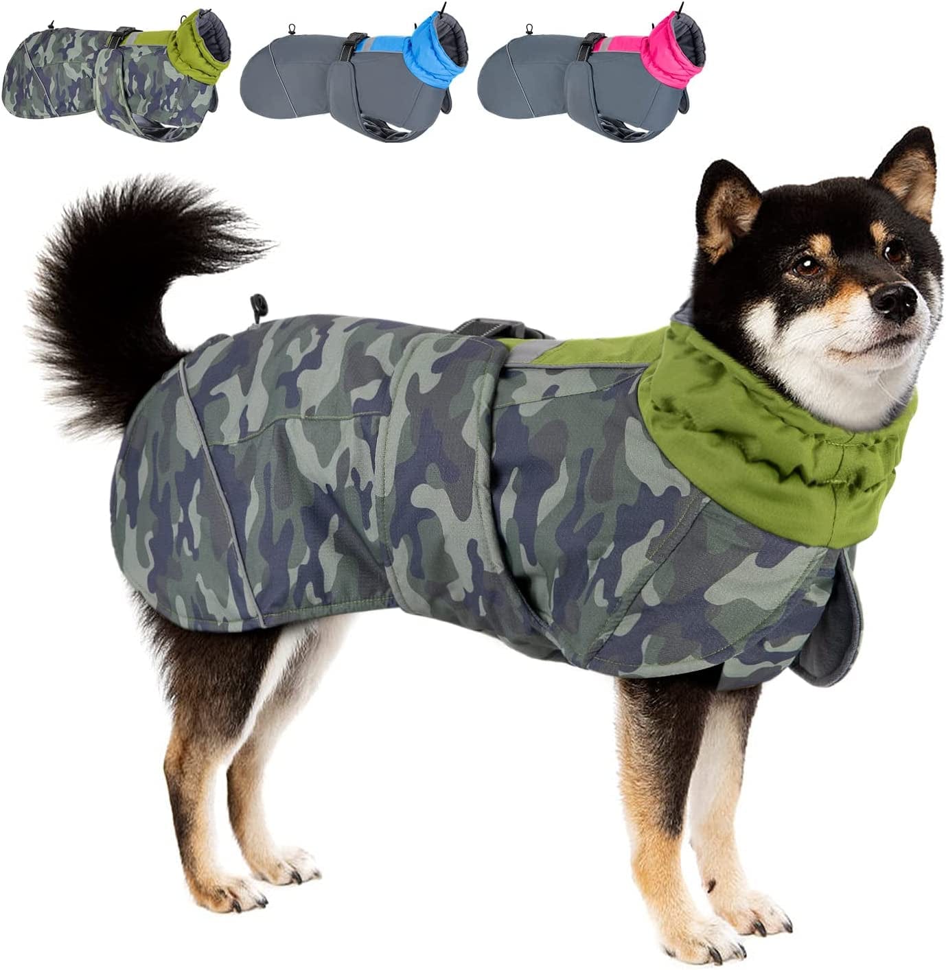 Slowton Dog Winter Coat, Windproof 3 Layers Thick Warm Fleece Lining Dog Jacket for Cold Weather, Reflective Dog Apparel Dog Clothes with Leash Opening for Medium Large Dogs(Blue,L) Animals & Pet Supplies > Pet Supplies > Dog Supplies > Dog Apparel SlowTon Green Camouflage Medium 