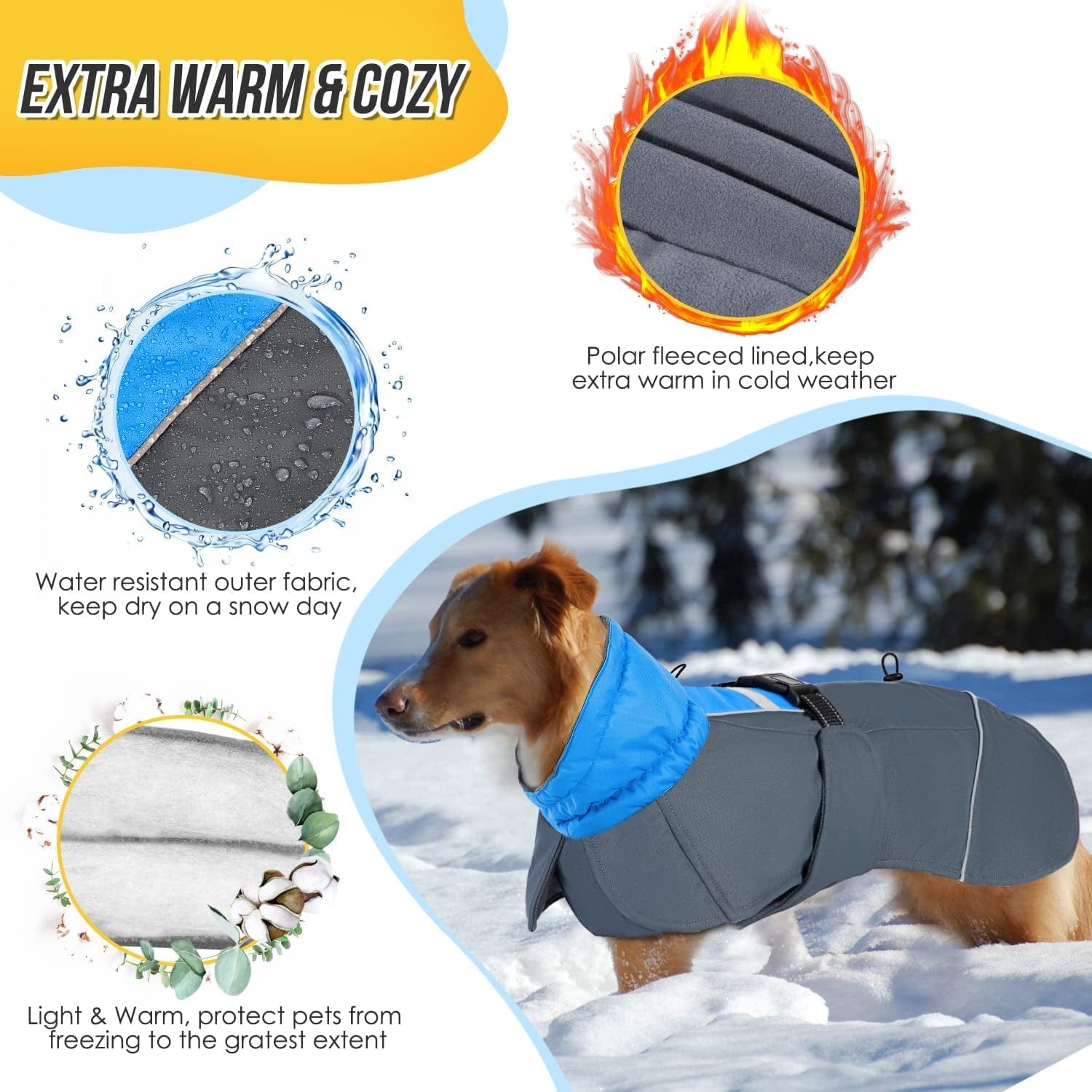Slowton Dog Winter Coat, Windproof 3 Layers Thick Warm Fleece Lining Dog Jacket for Cold Weather, Reflective Dog Apparel Dog Clothes with Leash Opening for Medium Large Dogs(Blue,L) Animals & Pet Supplies > Pet Supplies > Dog Supplies > Dog Apparel SlowTon   