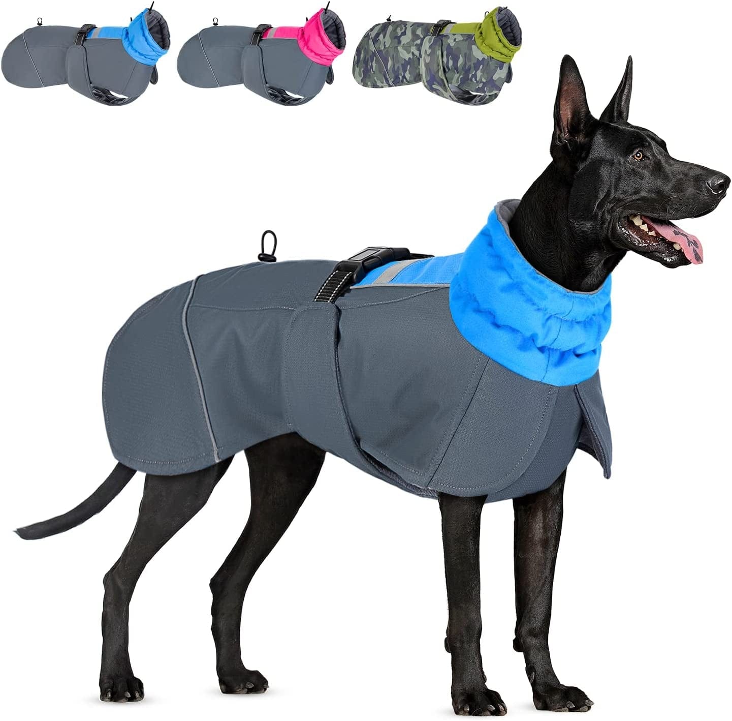 Slowton Dog Winter Coat, Windproof 3 Layers Thick Warm Fleece Lining Dog Jacket for Cold Weather, Reflective Dog Apparel Dog Clothes with Leash Opening for Medium Large Dogs(Blue,L) Animals & Pet Supplies > Pet Supplies > Dog Supplies > Dog Apparel SlowTon Blue Large 