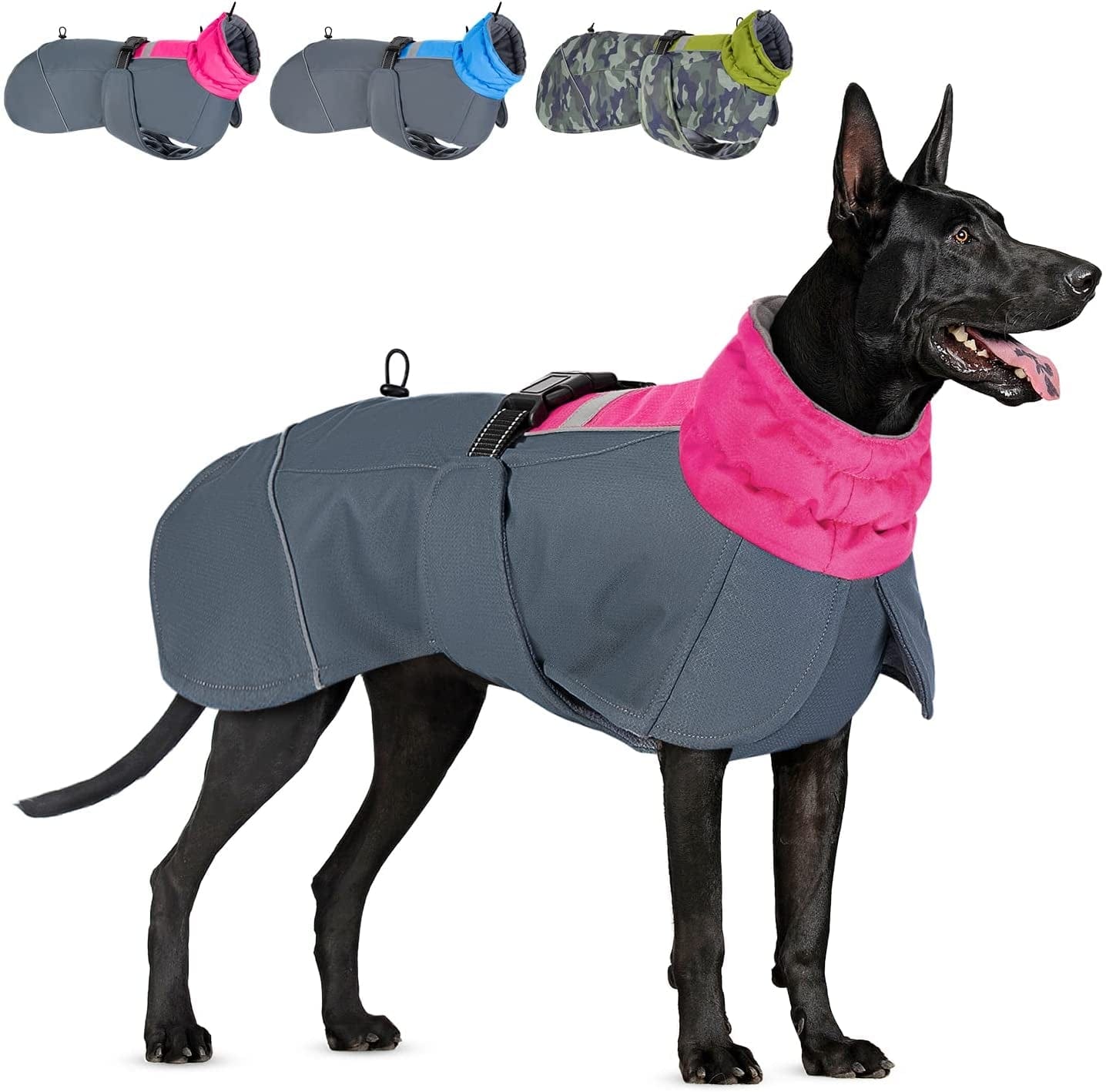 Slowton Dog Winter Coat, Windproof 3 Layers Thick Warm Fleece Lining Dog Jacket for Cold Weather, Reflective Dog Apparel Dog Clothes with Leash Opening for Medium Large Dogs(Blue,L) Animals & Pet Supplies > Pet Supplies > Dog Supplies > Dog Apparel SlowTon Fuchsia Large 