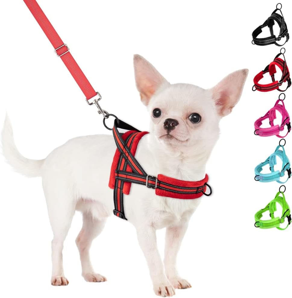 Slowton No Pull Small Dog Harness and Leash Set, Puppy Soft Vest Harness Neck & Chest Adjustable, Reflective Lightweight Harness & Anti-Twist Pet Lead Combo for Small Medium Dogs (Fuchsia, XXS) Animals & Pet Supplies > Pet Supplies > Dog Supplies > Dog Apparel SlowTon B-Red - With Front Clip XX-Small (Chest 11.5-15.0") 