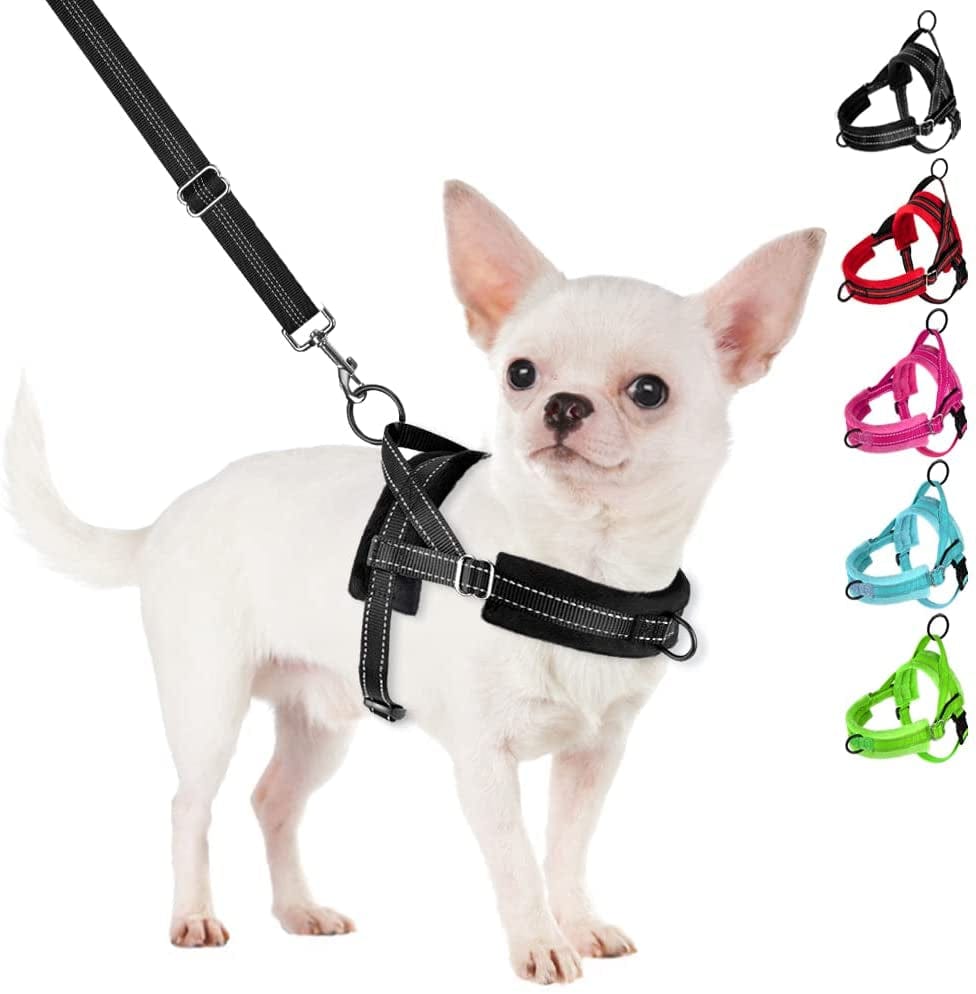 Slowton No Pull Small Dog Harness and Leash Set, Puppy Soft Vest Harness Neck & Chest Adjustable, Reflective Lightweight Harness & Anti-Twist Pet Lead Combo for Small Medium Dogs (Fuchsia, XXS) Animals & Pet Supplies > Pet Supplies > Dog Supplies > Dog Apparel SlowTon B-Black - With Front Clip X-Small (Chest 14.0-18.0") 