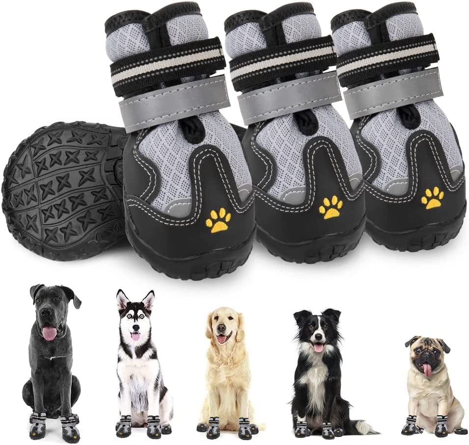 Slowton Soft Dog Boots, Thick Padded Dog Shoes Paw Protector for Hardwood Floors, Anti-Slip Rubber Rain Booties Reflective for Small Large Medium Dogs Puppy Walking Running Hiking (2 Pack #3)